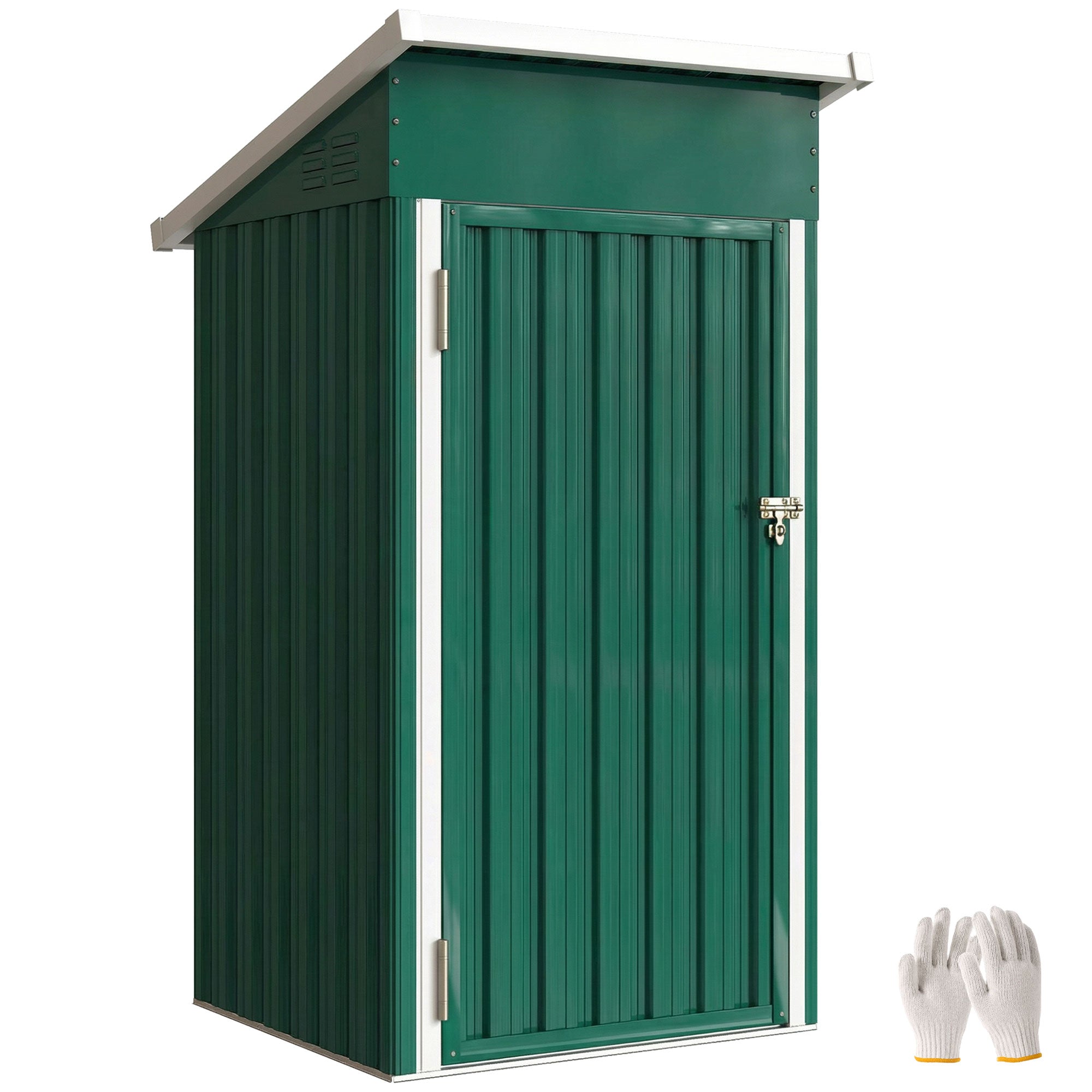 Outsunny Caseta de Jardín Exterior 0,74 m², 107,5x91x185 cm, Cobertizo de Jardín Exterior Metálico con Techo Inclinado, Puerta con Cerradura y Ventilaciones para Almacenamiento de Herramientas, Verde