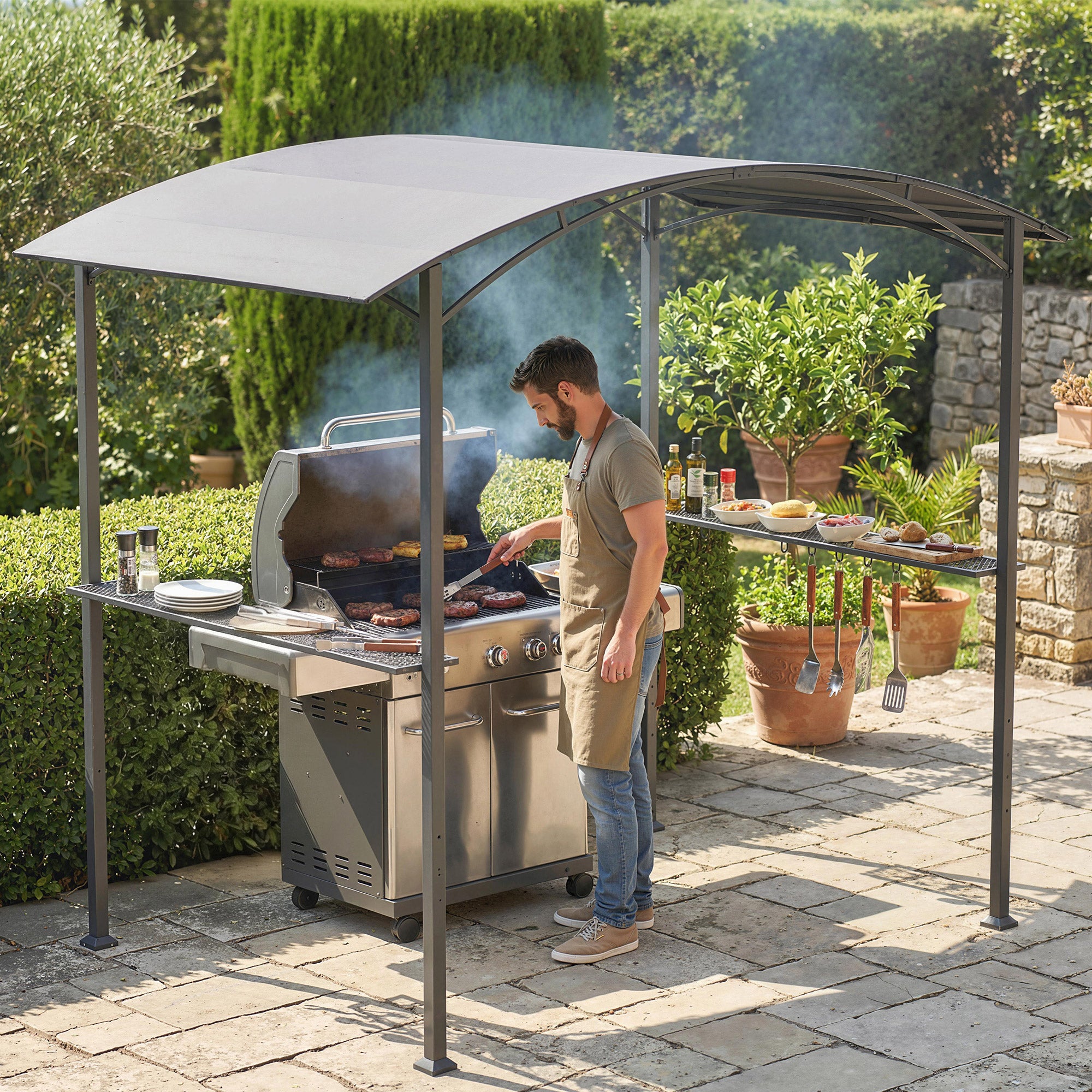 Outsunny Carpa Barbacoa 2,4 x 1,5 m, Cenador de Pérgola con 2 Estantes Laterales, Toldo Resistente a la intemperie, Ganchos y Estructura de Acero, para Jardín Terraza Exterior Camping BBQ, Gris Oscuro