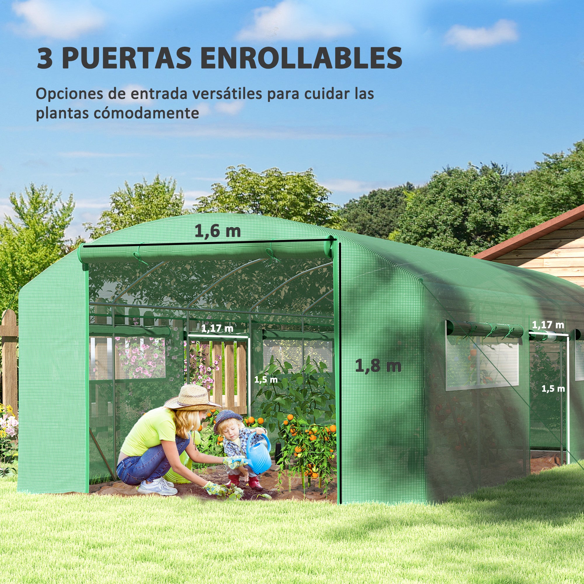 Outsunny Invernadero de Exterior 6x3x2 m Invernadero de Túnel con 6 Ventanas de Malla Cubierta de PE Anti-UV y 3 Puertas Enrollables con Cremallera Invernadero para Jardín Patio Verde