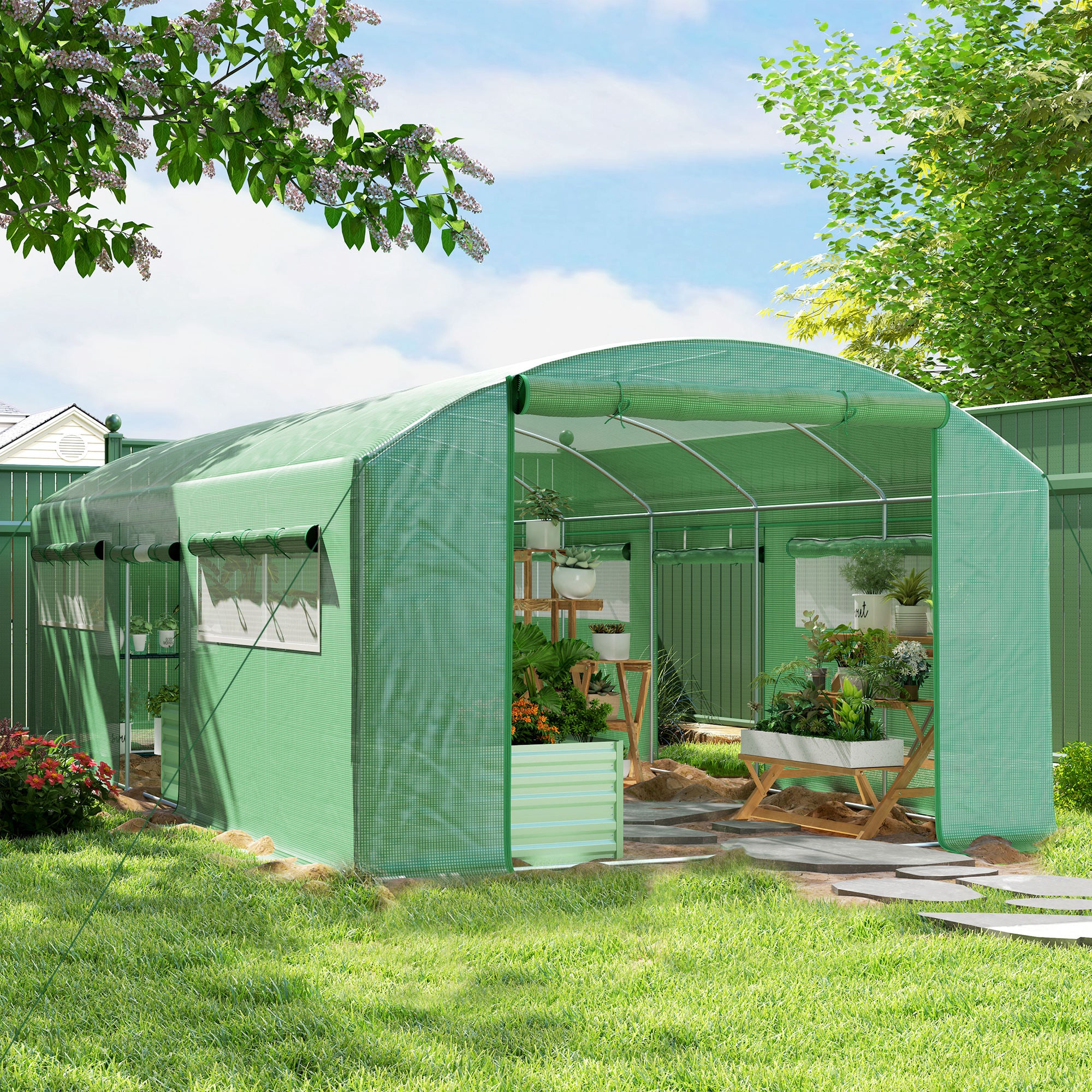 Outsunny Invernadero de Exterior 6x3x2 m Invernadero de Túnel con 6 Ventanas de Malla Cubierta de PE Anti-UV y 3 Puertas Enrollables con Cremallera Invernadero para Jardín Patio Verde