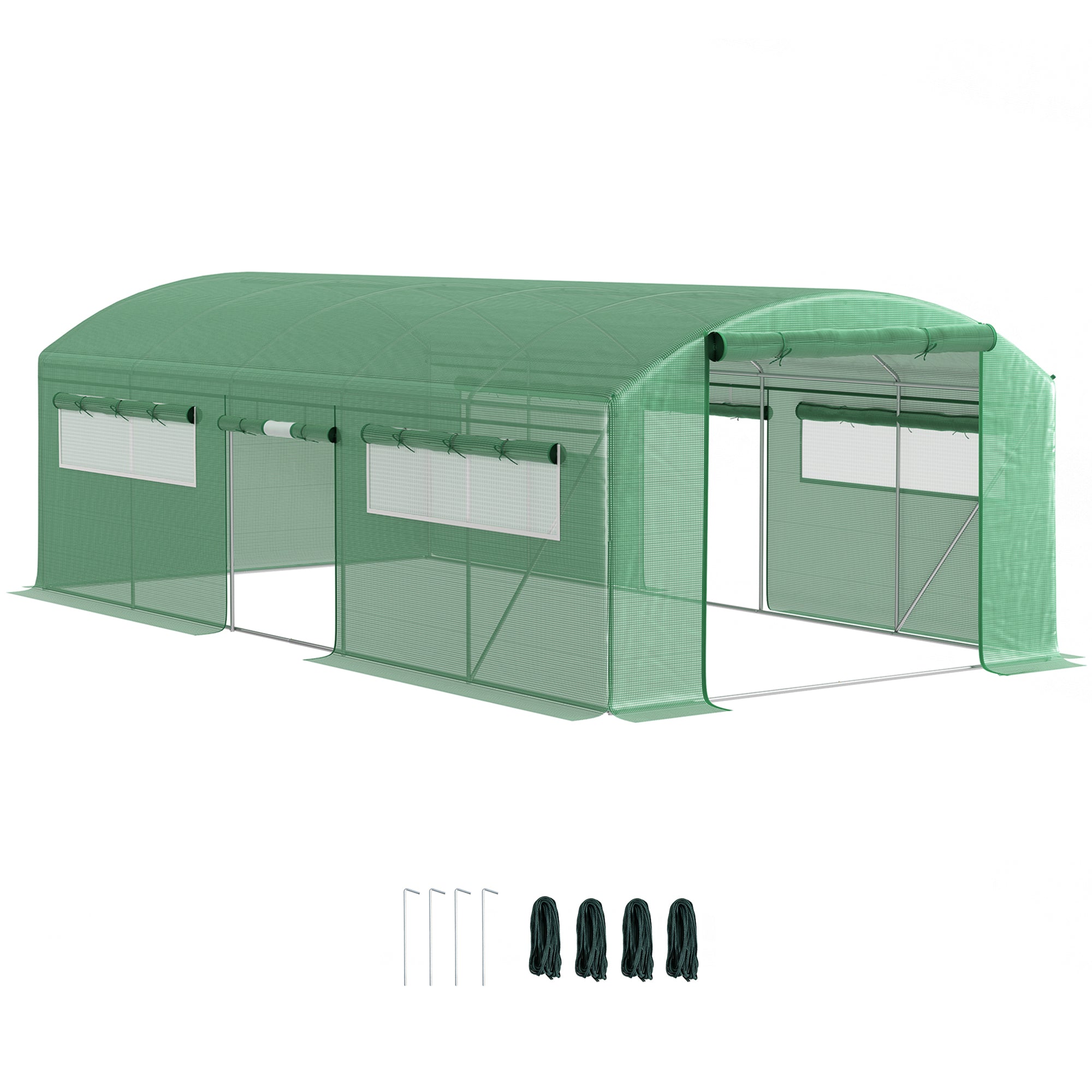 Outsunny Invernadero de Exterior 6x3x2 m Invernadero de Túnel con 6 Ventanas de Malla Cubierta de PE Anti-UV y 3 Puertas Enrollables con Cremallera Invernadero para Jardín Patio Verde