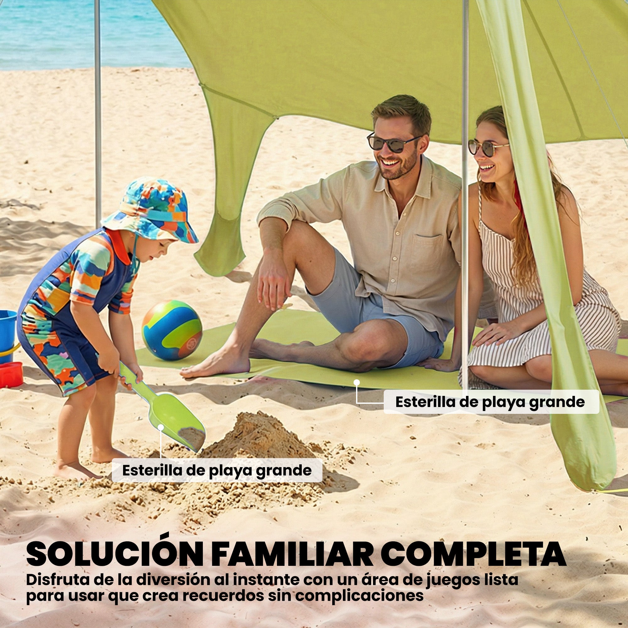 Outsunny Carpa Playa Plegable 208x200 cm, Toldo Playa Portátil para 2-4 Personas con Esterilla, UPF50+, Postes de Aluminio, Pala, Estacas y Bolsa de Transporte Impermeable, para Camping, Pesca, Verde