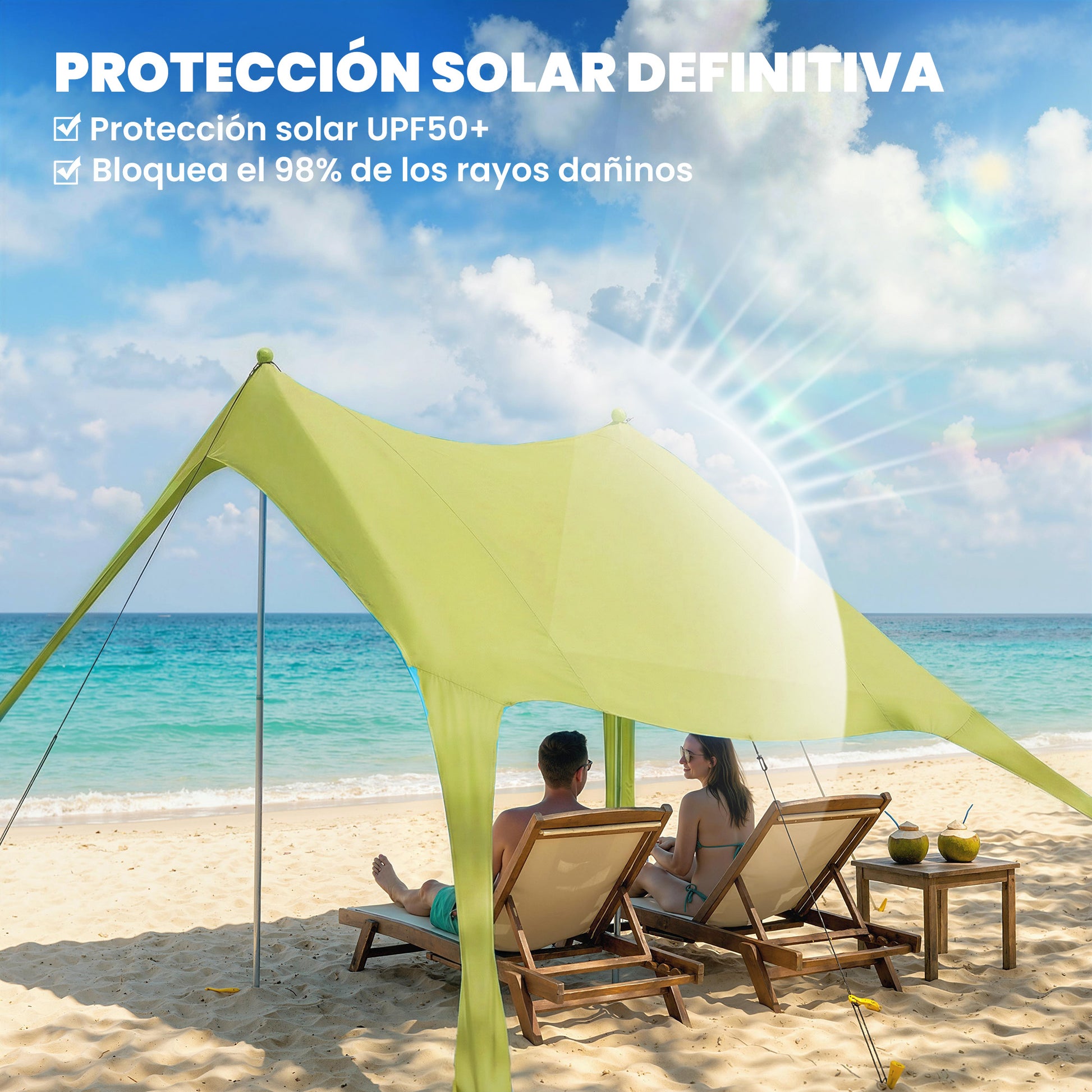 Outsunny Carpa Playa Plegable 208x200 cm, Toldo Playa Portátil para 2-4 Personas con Esterilla, UPF50+, Postes de Aluminio, Pala, Estacas y Bolsa de Transporte Impermeable, para Camping, Pesca, Verde