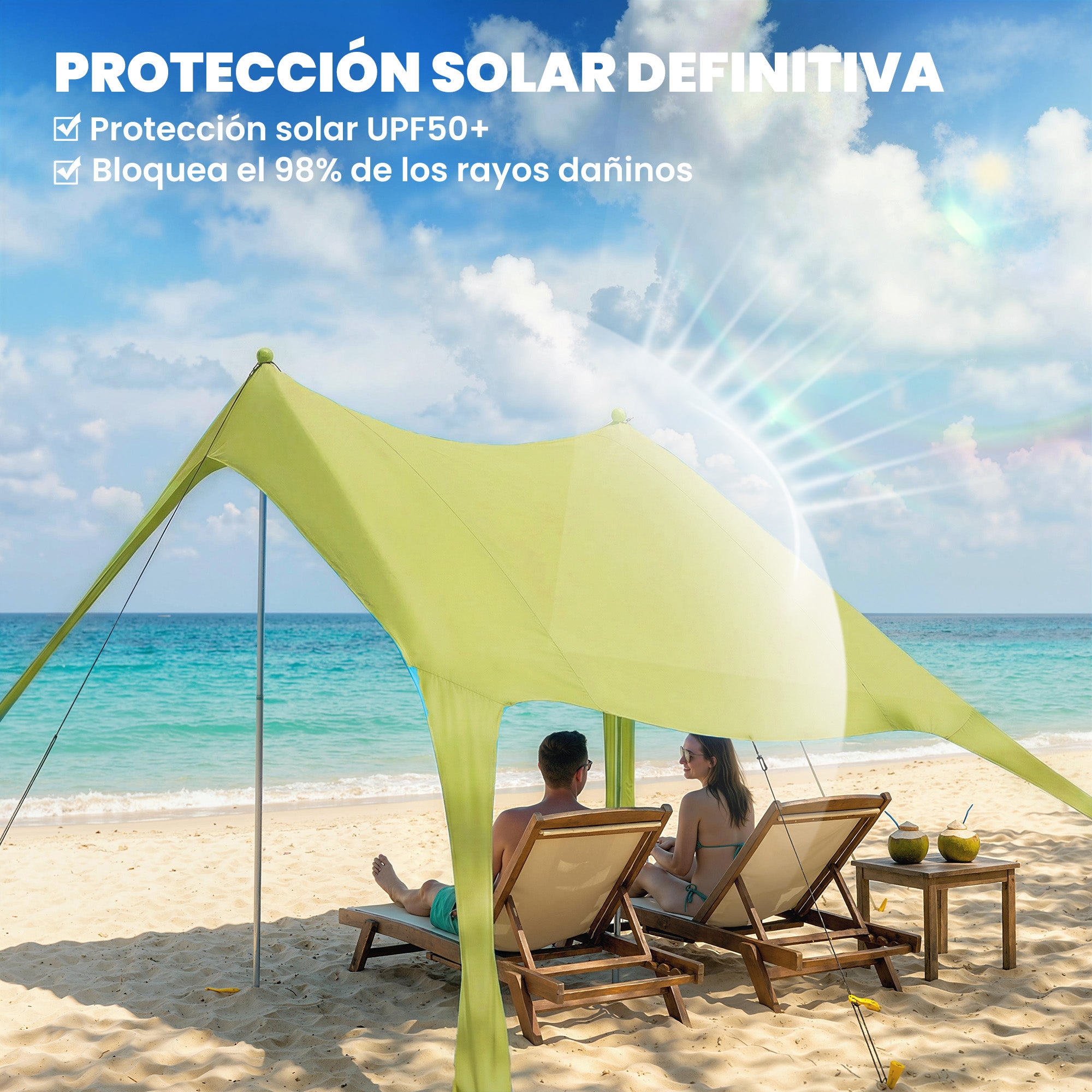 Outsunny Carpa Playa Plegable 208x200 cm, Toldo Playa Portátil para 2-4 Personas con Esterilla, UPF50+, Postes de Aluminio, Pala, Estacas y Bolsa de Transporte Impermeable, para Camping, Pesca, Verde