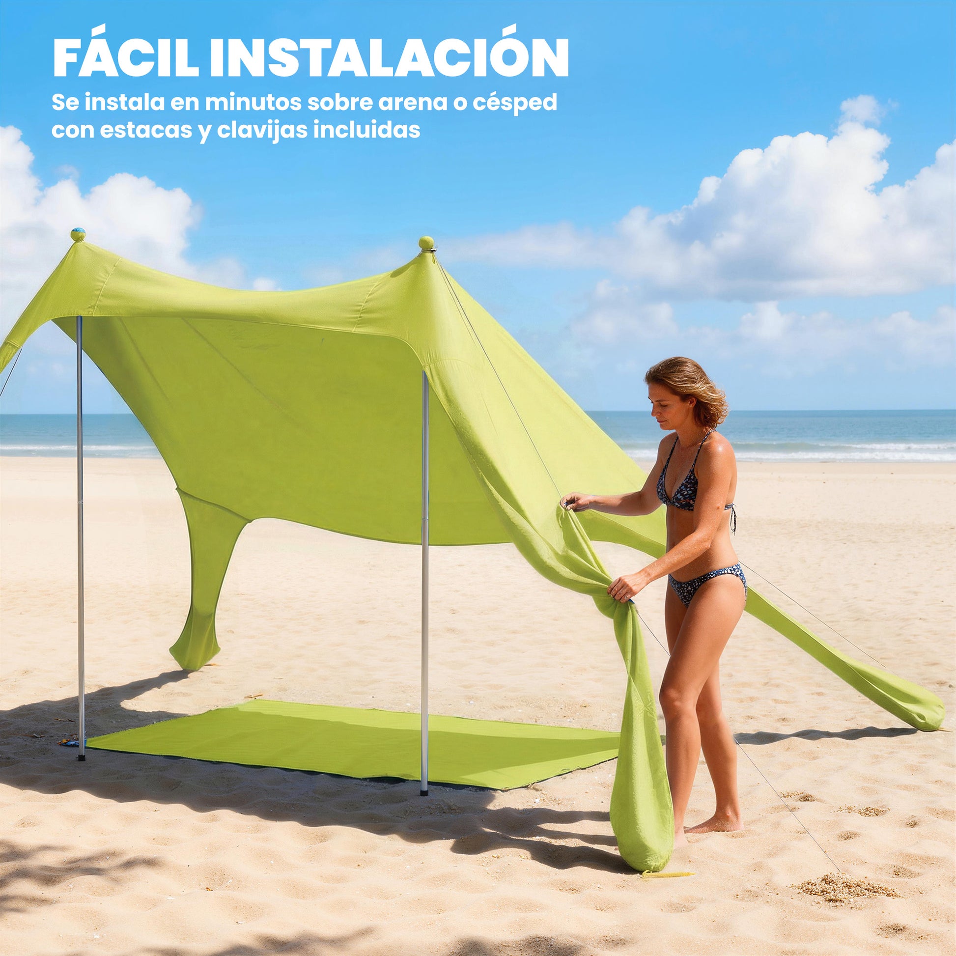 Outsunny Carpa Playa Plegable 208x200 cm, Toldo Playa Portátil para 2-4 Personas con Esterilla, UPF50+, Postes de Aluminio, Pala, Estacas y Bolsa de Transporte Impermeable, para Camping, Pesca, Verde