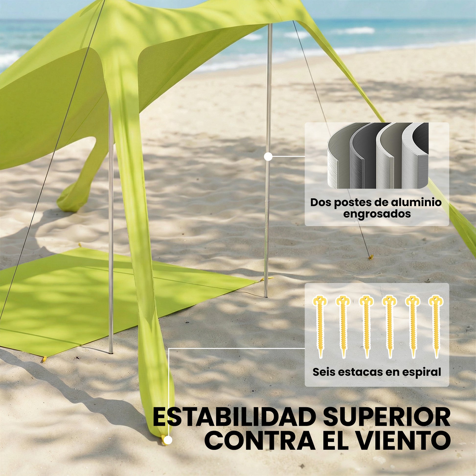 Outsunny Carpa Playa Plegable 208x200 cm, Toldo Playa Portátil para 2-4 Personas con Esterilla, UPF50+, Postes de Aluminio, Pala, Estacas y Bolsa de Transporte Impermeable, para Camping, Pesca, Verde