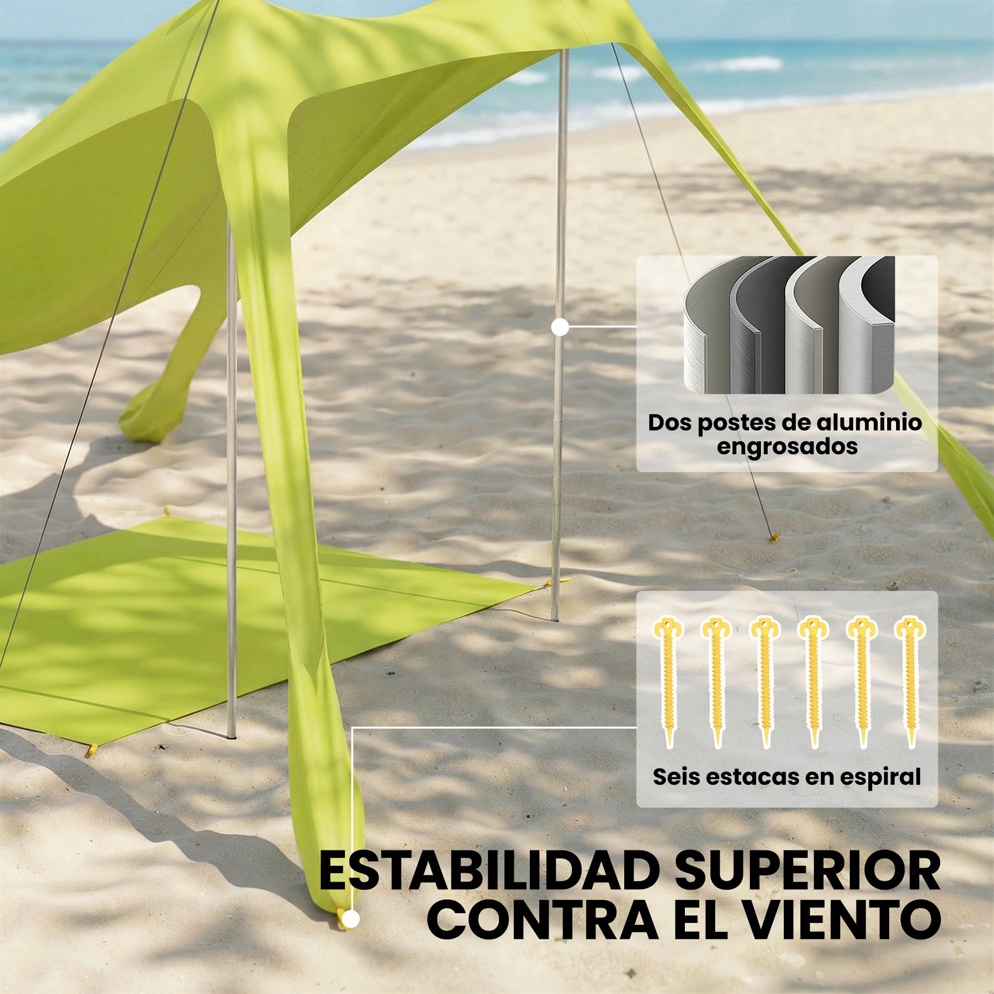 Outsunny Carpa Playa Plegable 208x200 cm, Toldo Playa Portátil para 2-4 Personas con Esterilla, UPF50+, Postes de Aluminio, Pala, Estacas y Bolsa de Transporte Impermeable, para Camping, Pesca, Verde