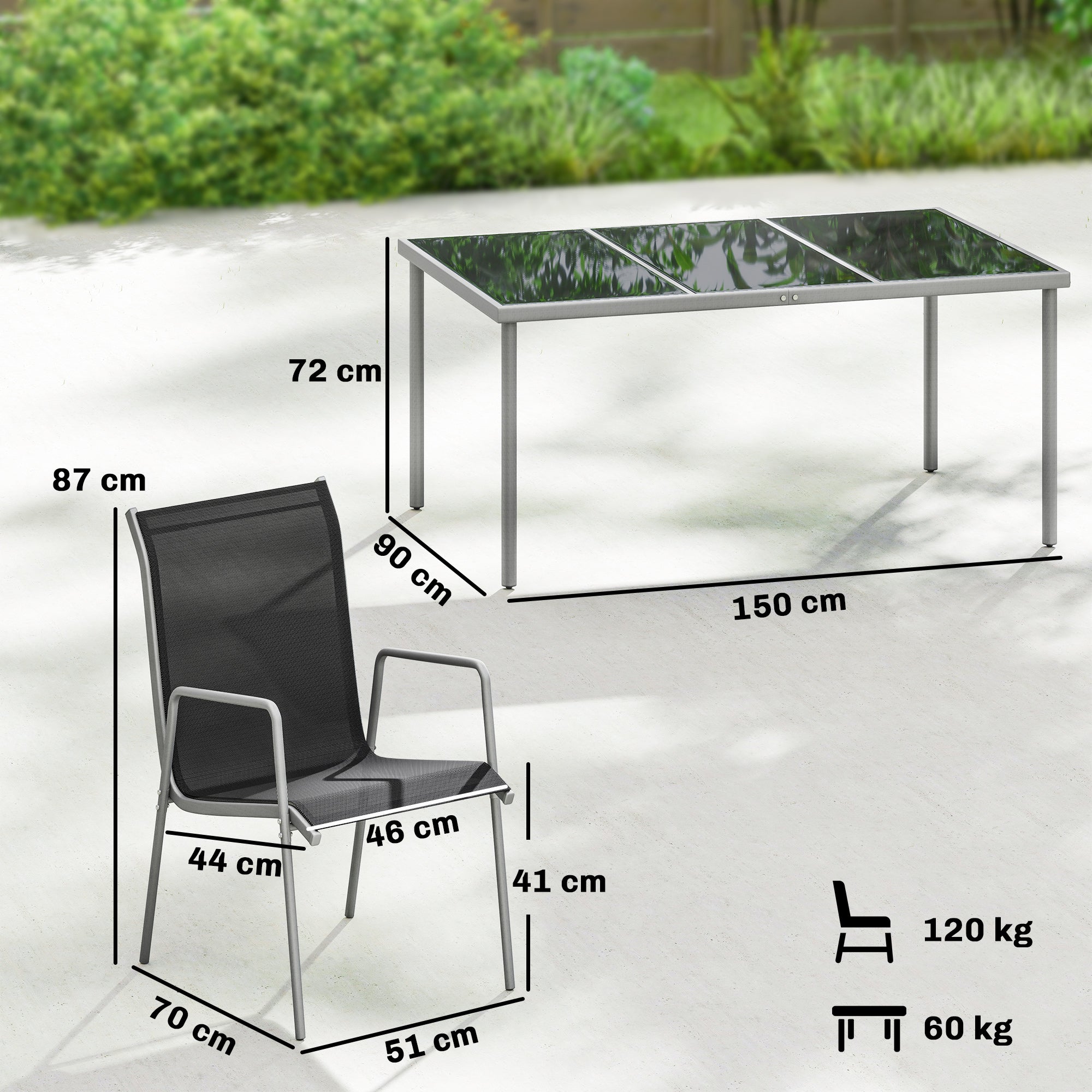 Outsunny Conjunto de Mesa y Sillas Jardín de 7 Piezas, Muebles Jardín Exterior con Mesa de Vidrio Templado, 6 Sillas Apilables Transpirables, Marco de Metal Resistente a la Intemperie, Negro y Plata