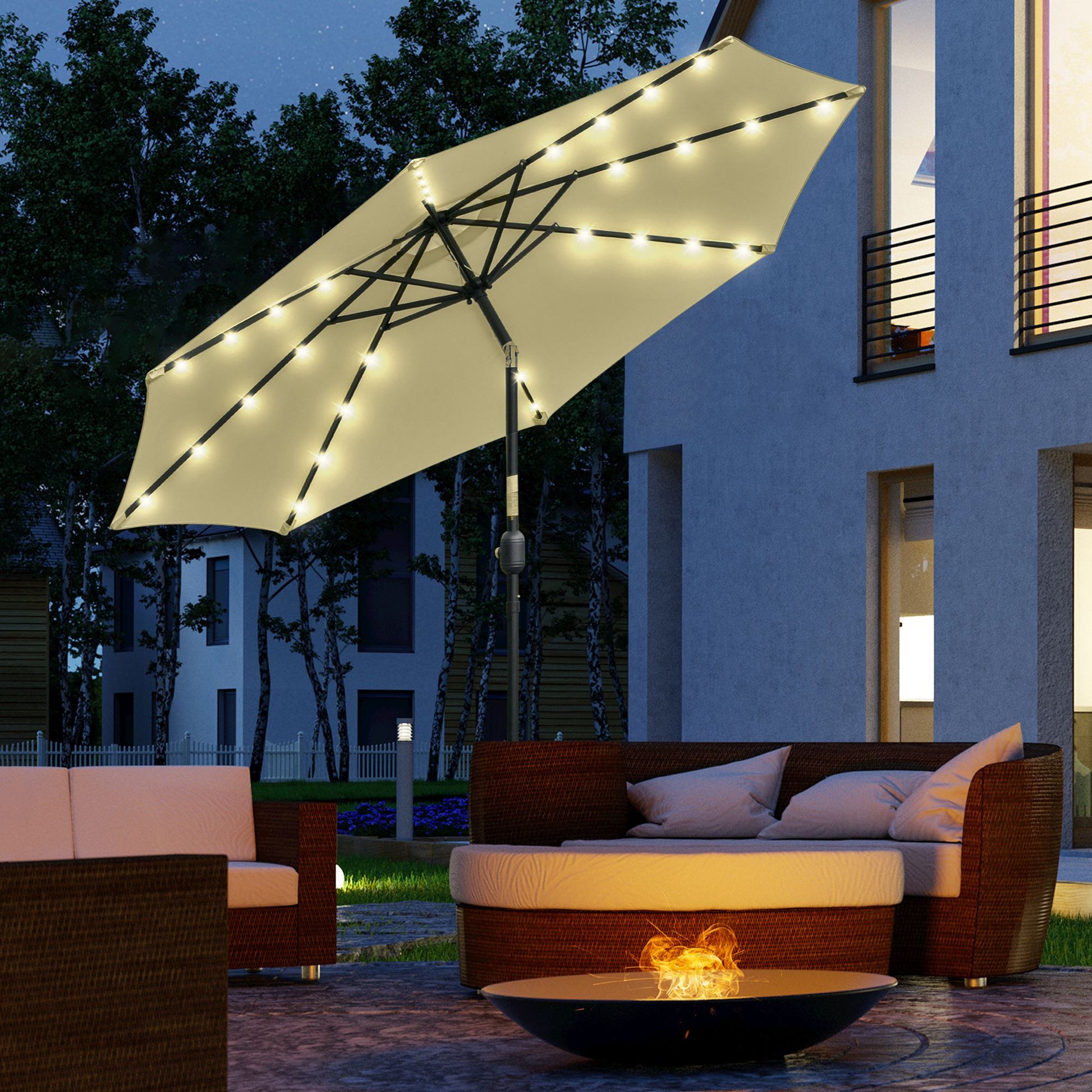 Outsunny Sombrilla Terraza Exterior Ø265 cm Sombrilla de Jardín con 32 Luces LED Solares Poste de Acero y Manivela Parasol Inclinable para Patio Terraza Beige