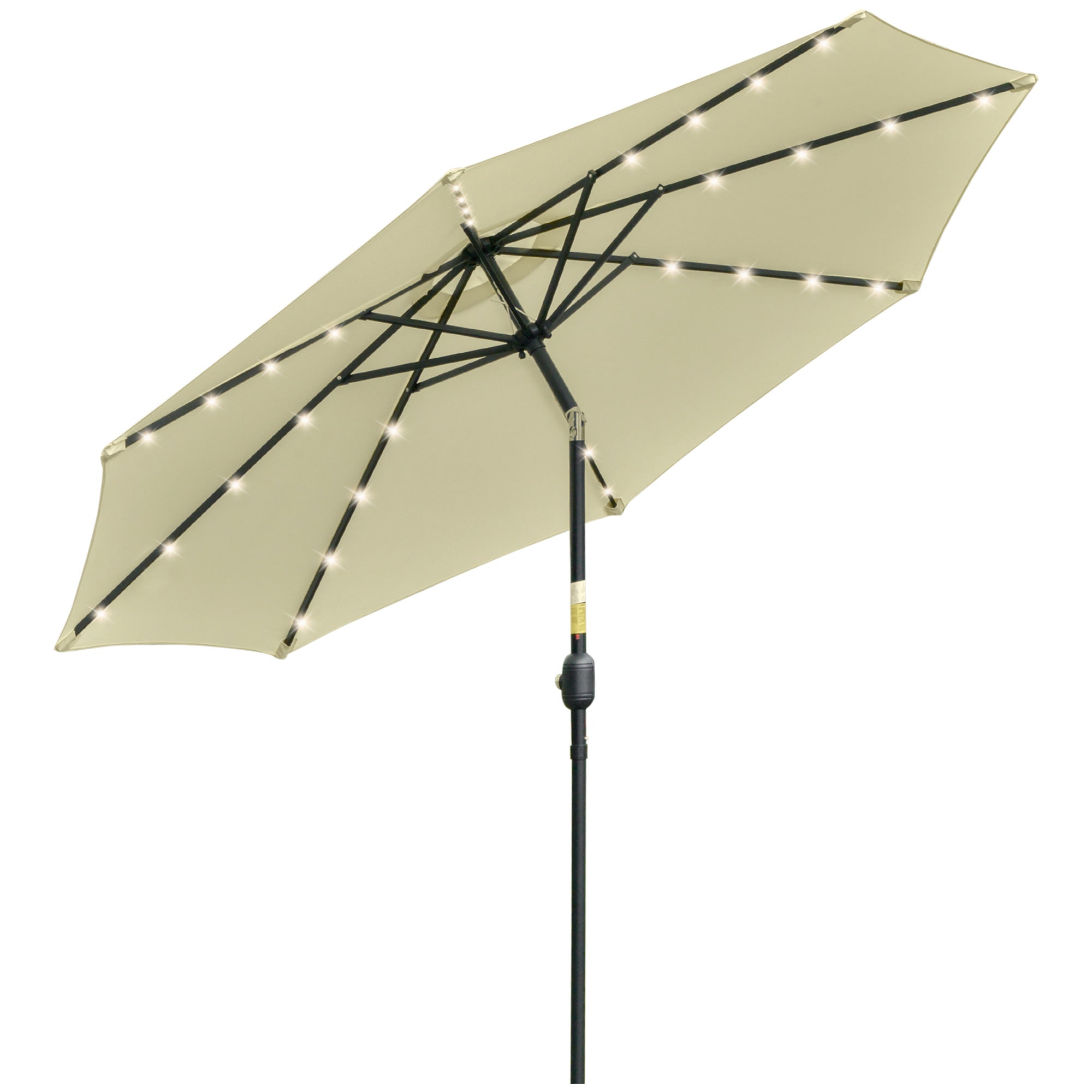 Outsunny Sombrilla Terraza Exterior Ø265 cm Sombrilla de Jardín con 32 Luces LED Solares Poste de Acero y Manivela Parasol Inclinable para Patio Terraza Beige