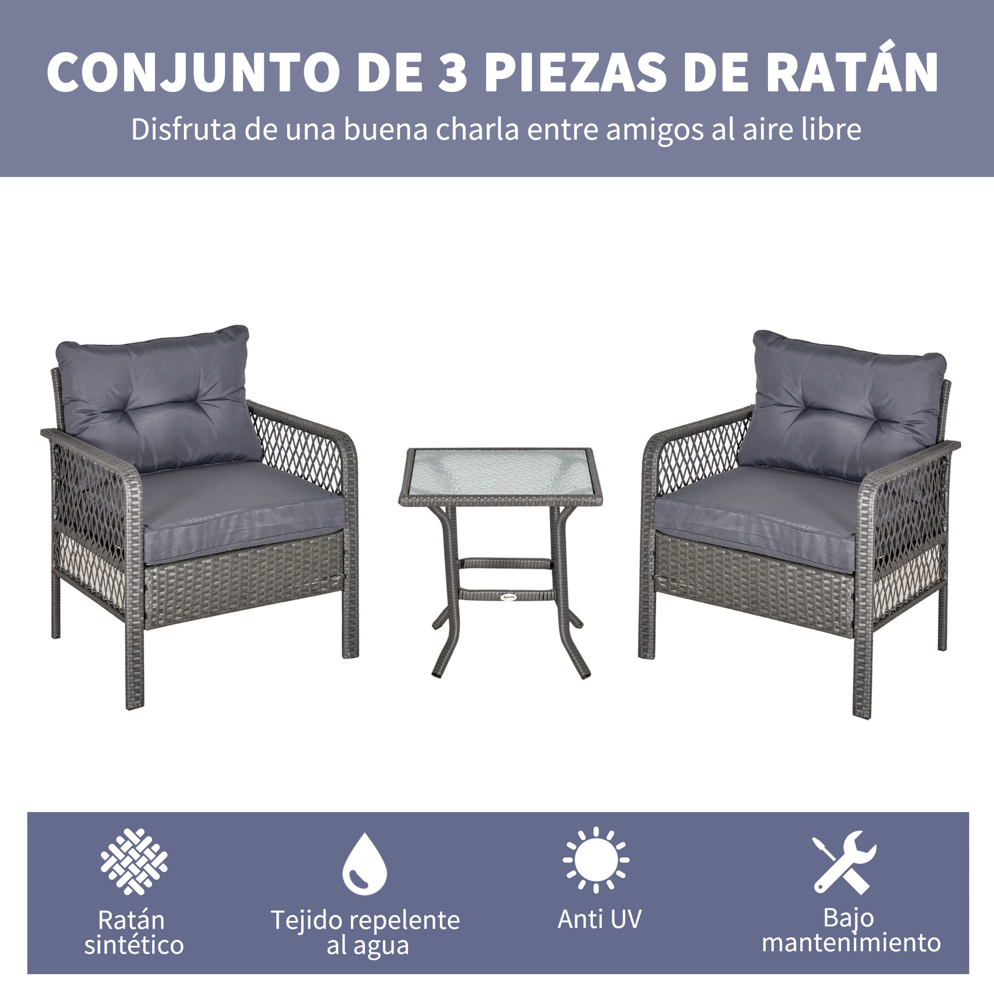 Outsunny Conjunto de Muebles de Ratán Juegos de 3 Piezas de Jardín 2 Sillones 65x66x75 cm y Mesa de Vidrio Templado 50x50x50 cm con Cojines Acolchados para Terraza Patio Gris