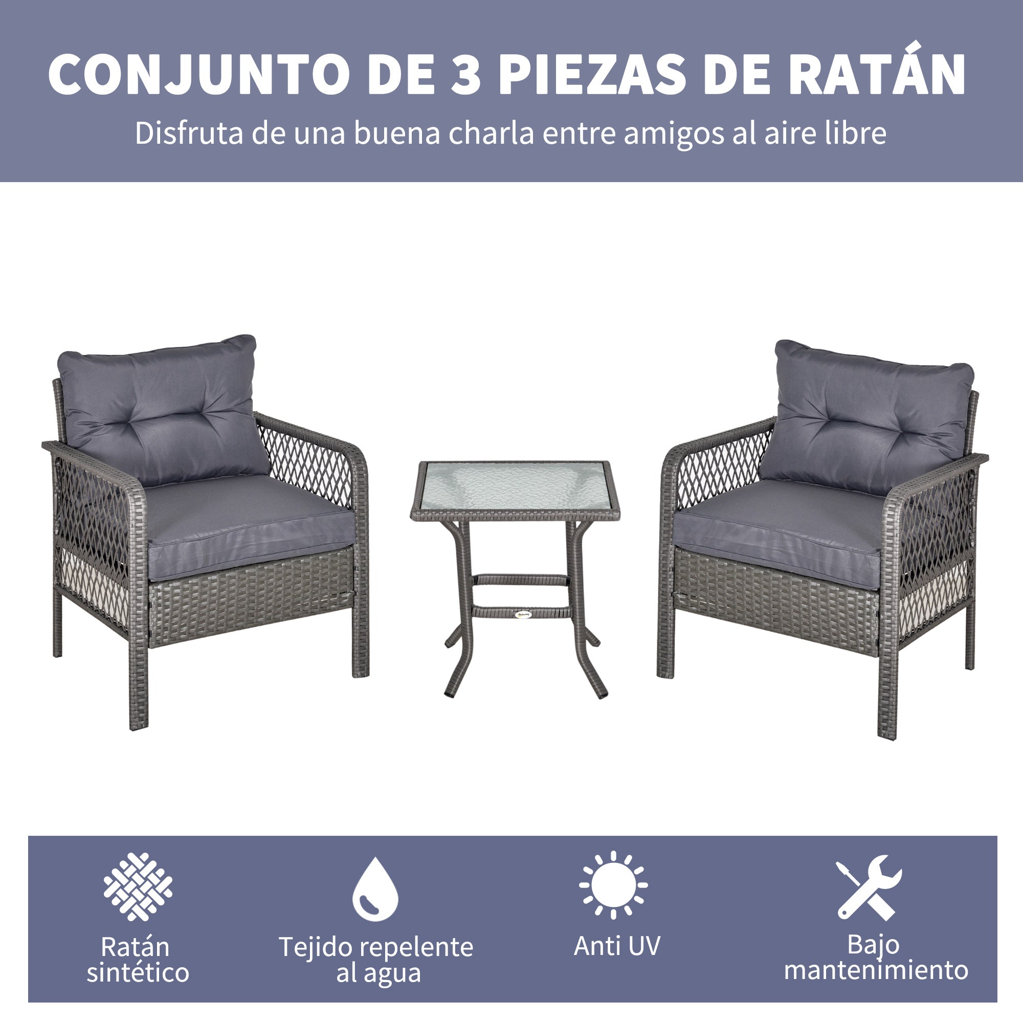 Outsunny Conjunto de Muebles de Ratán Juegos de 3 Piezas de Jardín 2 Sillones 65x66x75 cm y Mesa de Vidrio Templado 50x50x50 cm con Cojines Acolchados para Terraza Patio Gris