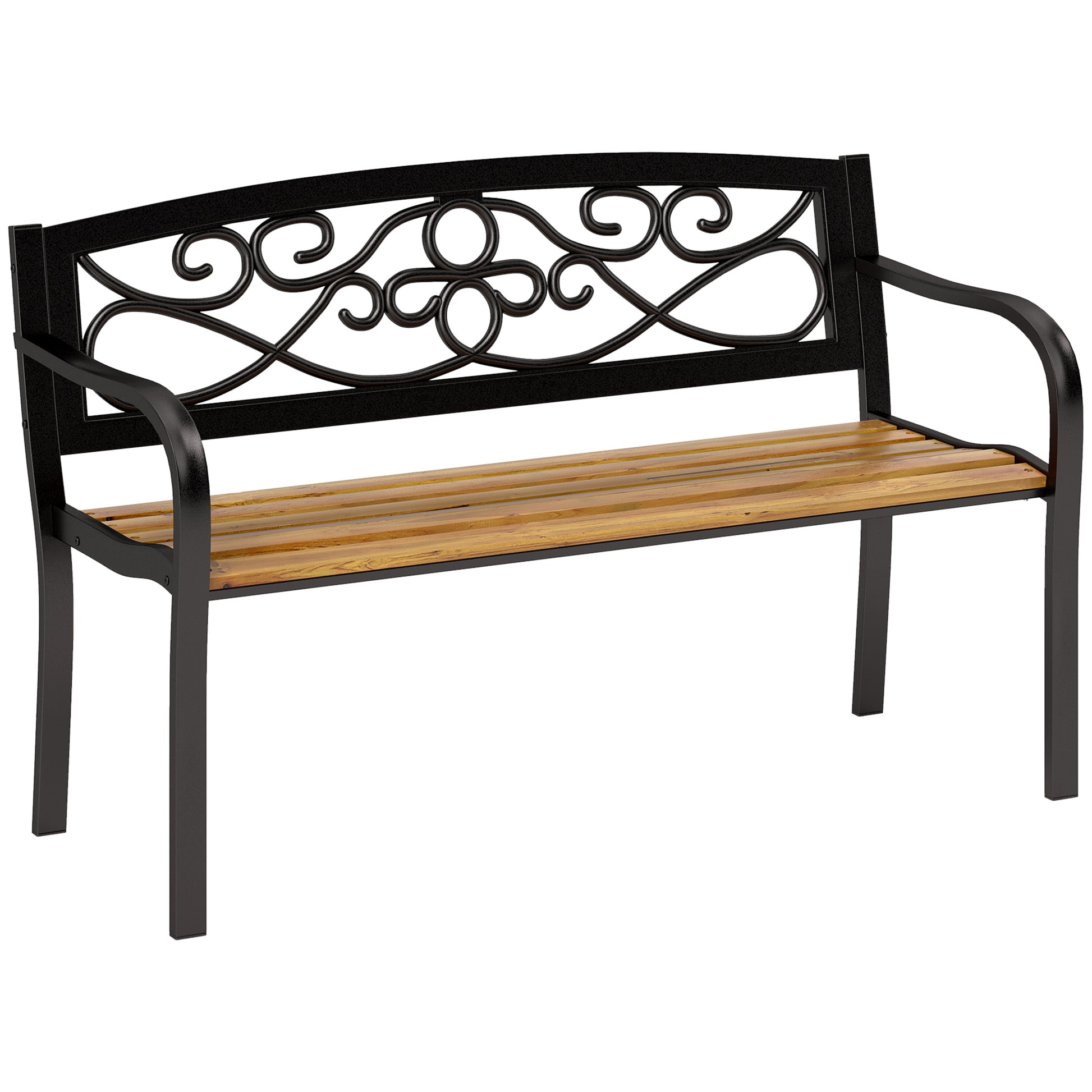 Outsunny Banco de Jardín Exterior de 2 Plazas Banco de Exterior con Asiento de Madera y Marco de Acero para Patio Terraza 127x56x80 cm Negro y Natural