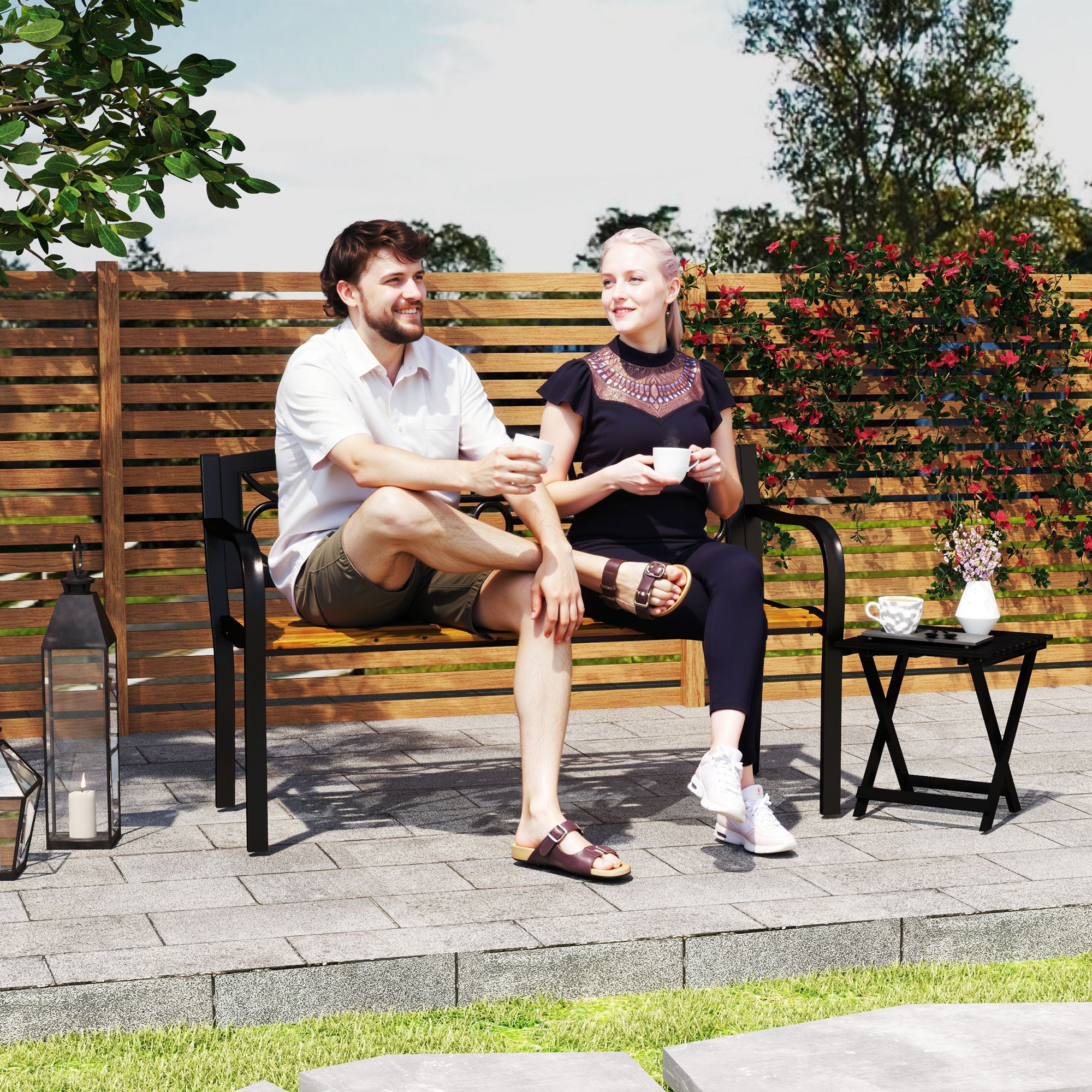 Outsunny Banco de Jardín Exterior de 2 Plazas Banco de Exterior con Asiento de Madera y Marco de Acero para Patio Terraza 127x56x80 cm Negro y Natural
