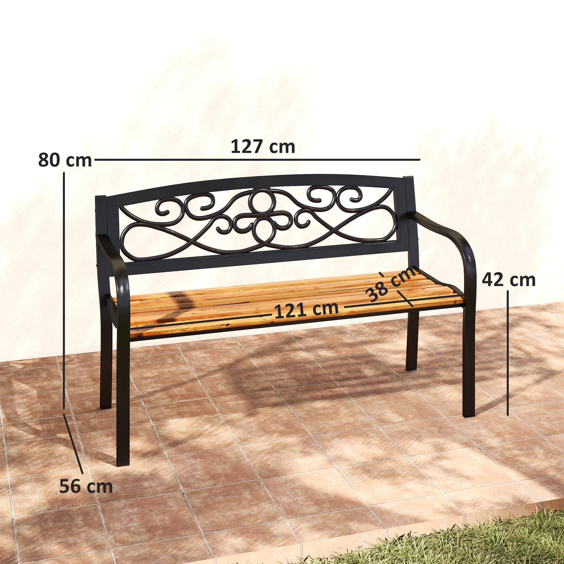 Outsunny Banco de Jardín Exterior de 2 Plazas Banco de Exterior con Asiento de Madera y Marco de Acero para Patio Terraza 127x56x80 cm Negro y Natural