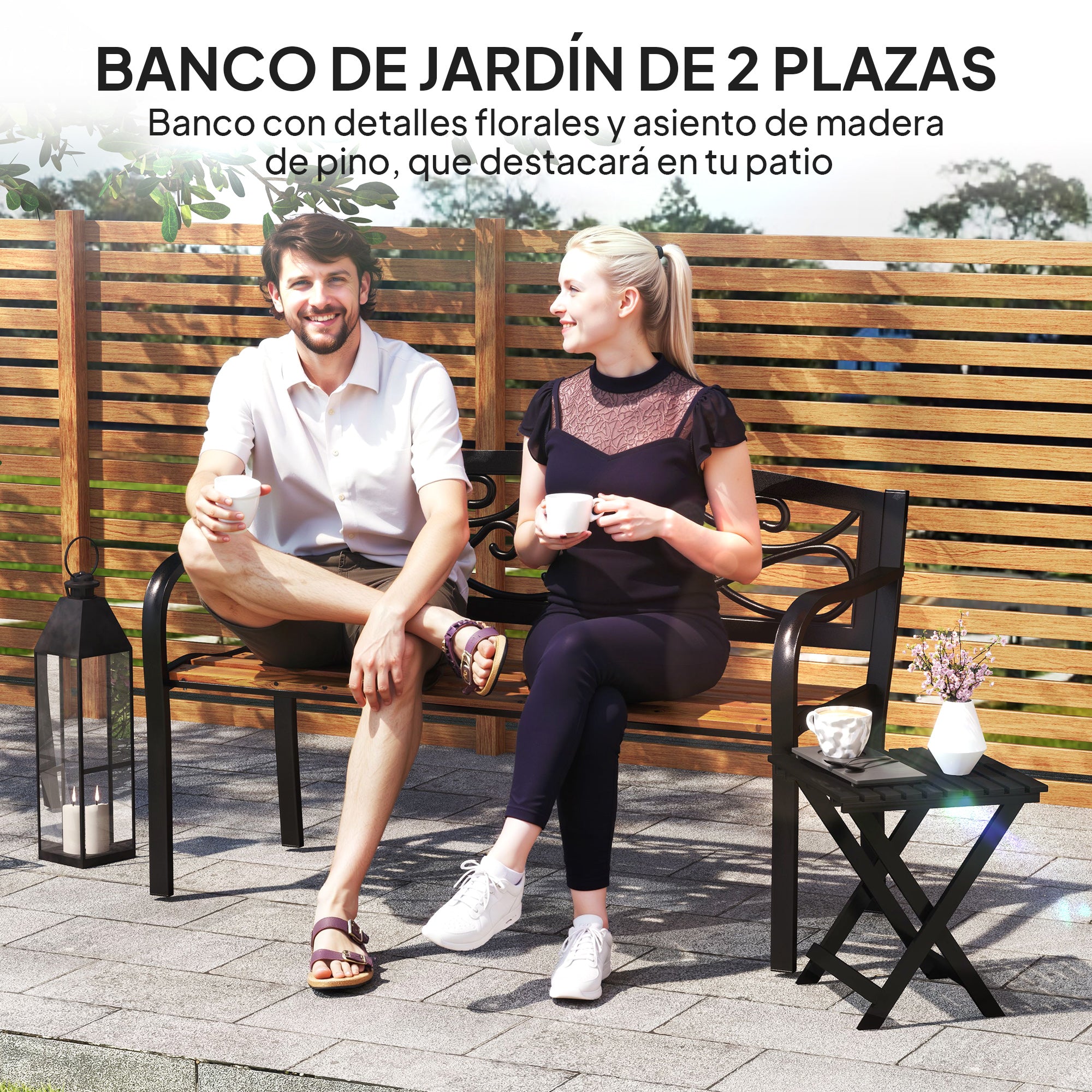 Outsunny Banco de Jardín Exterior de 2 Plazas Banco de Exterior con Asiento de Madera y Marco de Acero para Patio Terraza 127x56x80 cm Negro y Natural