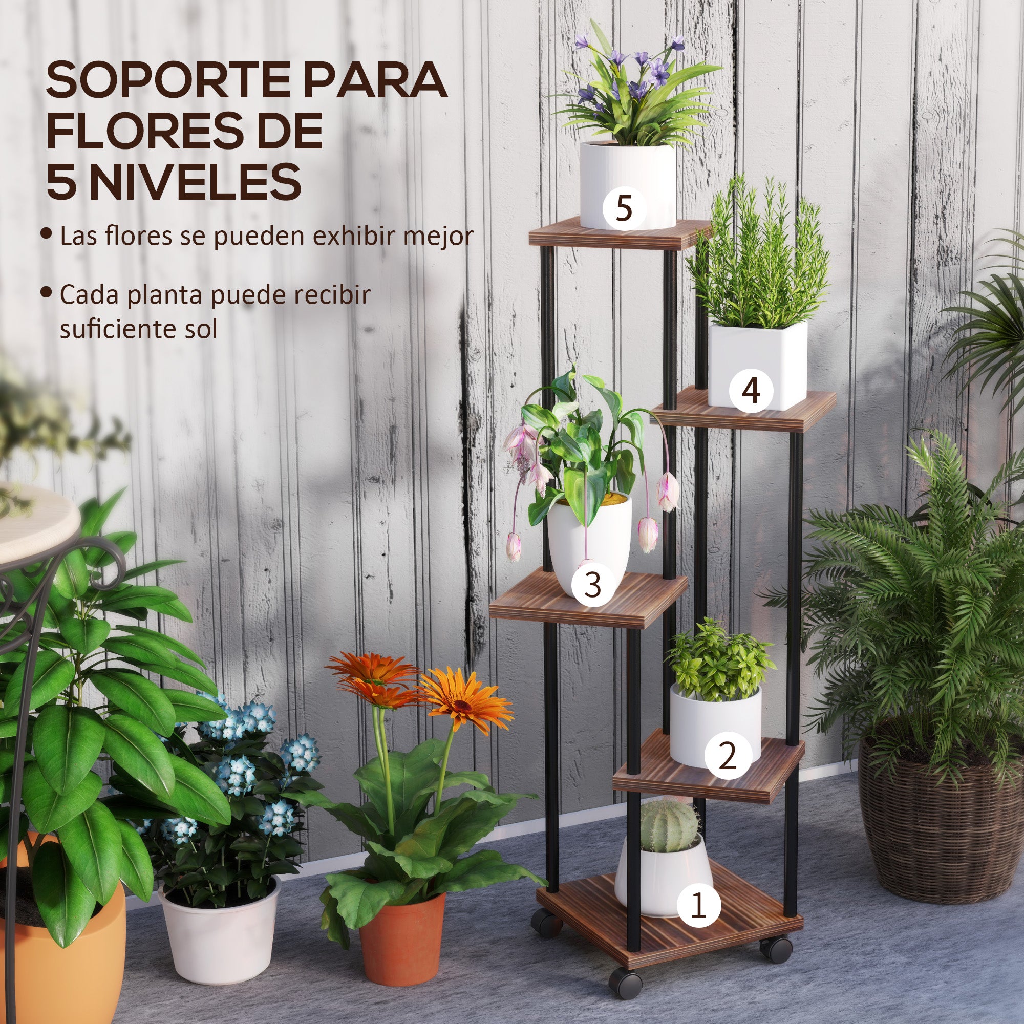 Outsunny Estantería para Plantas de 5 Niveles Soporte para Plantas de Madera y Acero con 5 Estantes Cuadradas y 4 Ruedas Soporte para Macetas para Interior y Exterior 59x59x110 cm Carbonizado