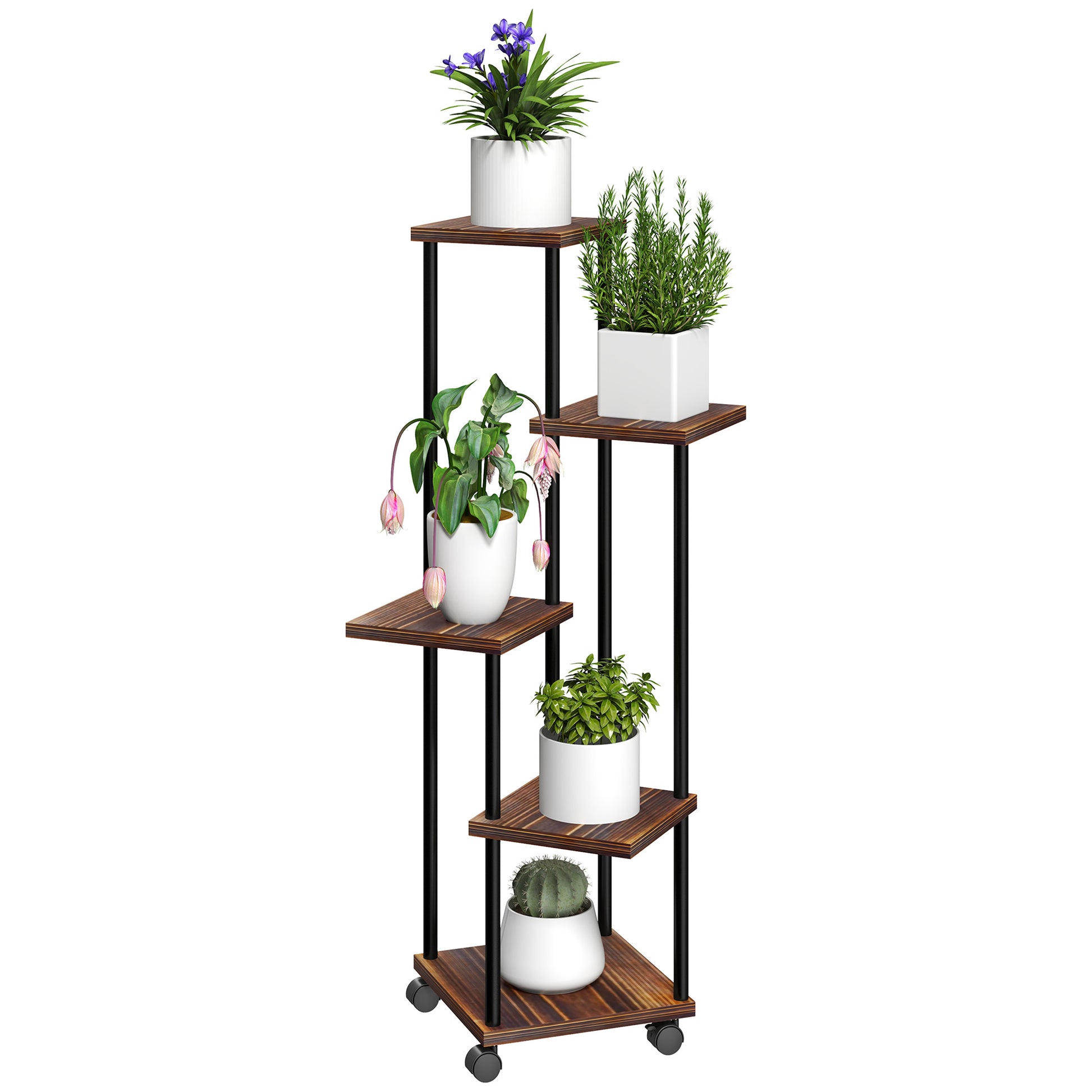Outsunny Estantería para Plantas de 5 Niveles Soporte para Plantas de Madera y Acero con 5 Estantes Cuadradas y 4 Ruedas Soporte para Macetas para Interior y Exterior 59x59x110 cm Carbonizado