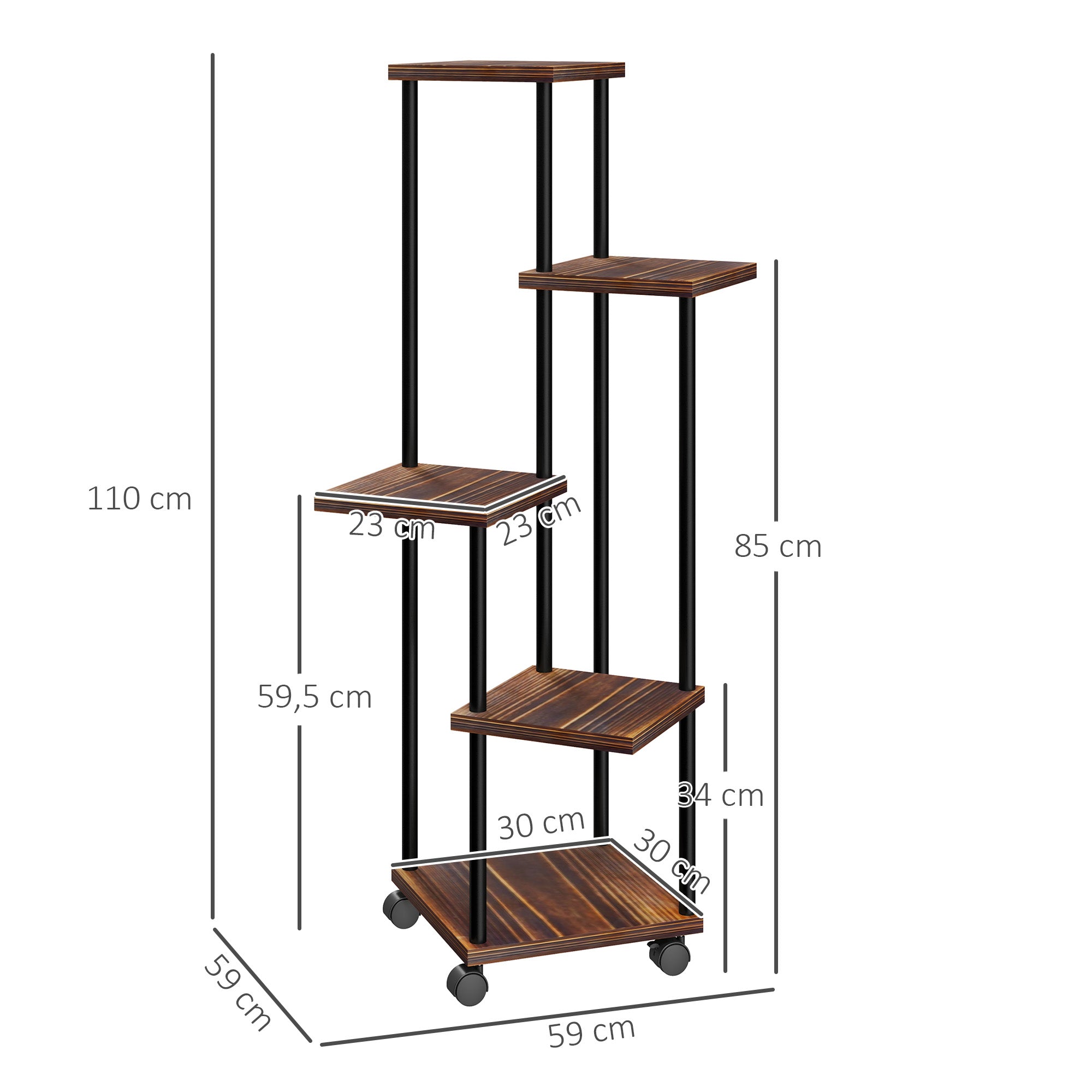 Outsunny Estantería para Plantas de 5 Niveles Soporte para Plantas de Madera y Acero con 5 Estantes Cuadradas y 4 Ruedas Soporte para Macetas para Interior y Exterior 59x59x110 cm Carbonizado