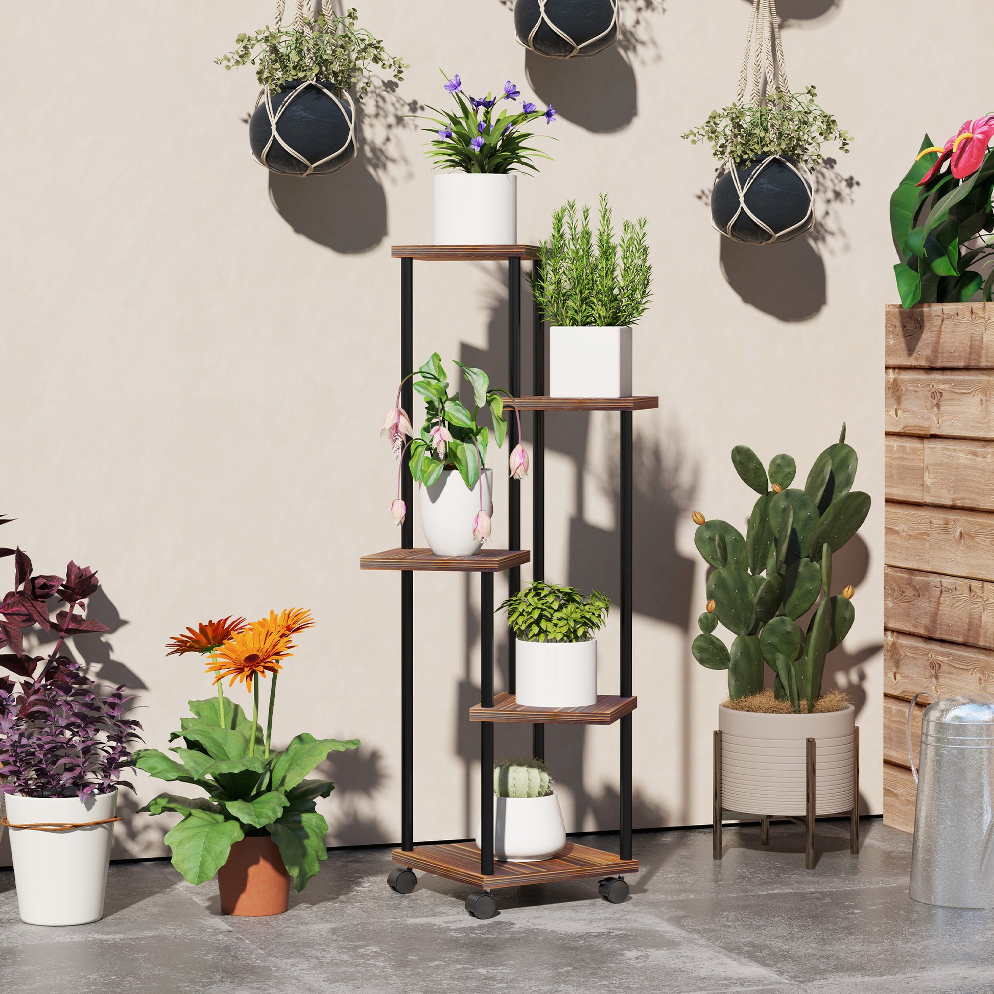 Outsunny Estantería para Plantas de 5 Niveles Soporte para Plantas de Madera y Acero con 5 Estantes Cuadradas y 4 Ruedas Soporte para Macetas para Interior y Exterior 59x59x110 cm Carbonizado