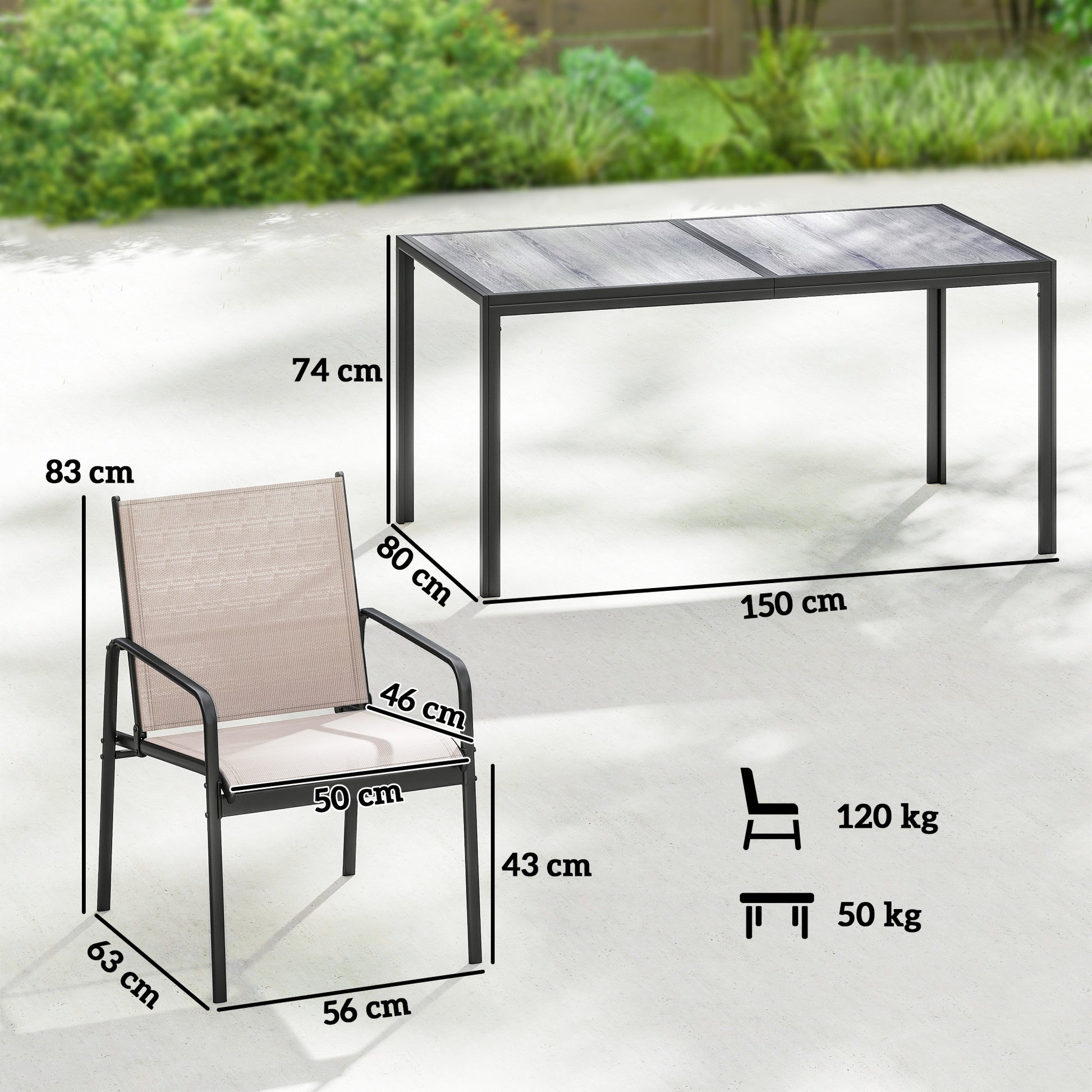 Outsunny Conjunto de Mesa y Sillas Jardín de 7 Piezas, Muebles de Jardín Exterior con Mesa de Efecto Madera y 6 Sillas con Asiento Transpirable, Marco de Acero Galvanizado, para Terraza, Patio, Caqui