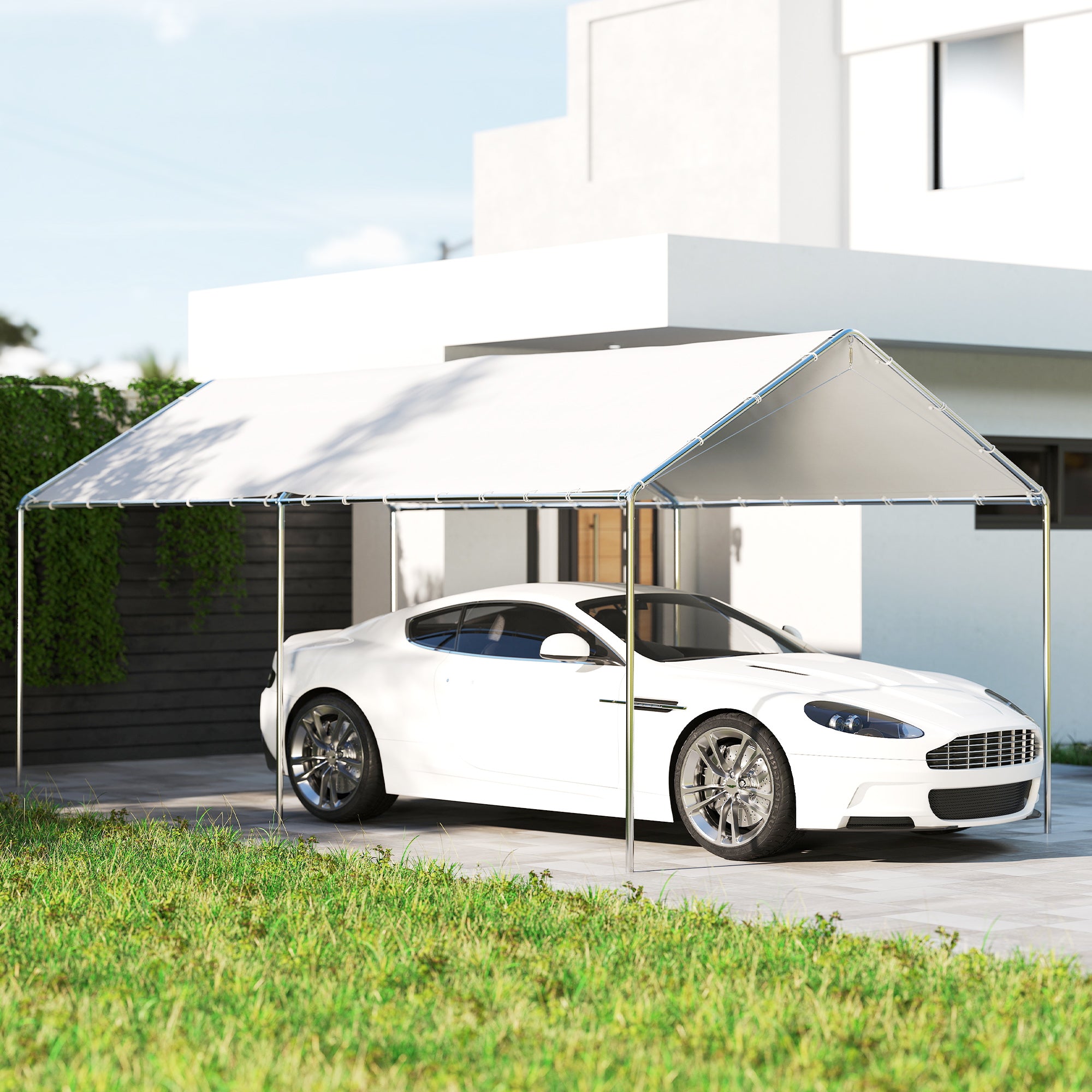 Outsunny Carpa Garaje para Coche 3x6 m, Cochera Exterior Portátil con Marco de Acero Galvanizado, Impermeable, Anti-UV, Pabellón Gazebo de Jardín con Accesorios, para Eventos, Fiestas, Blanco