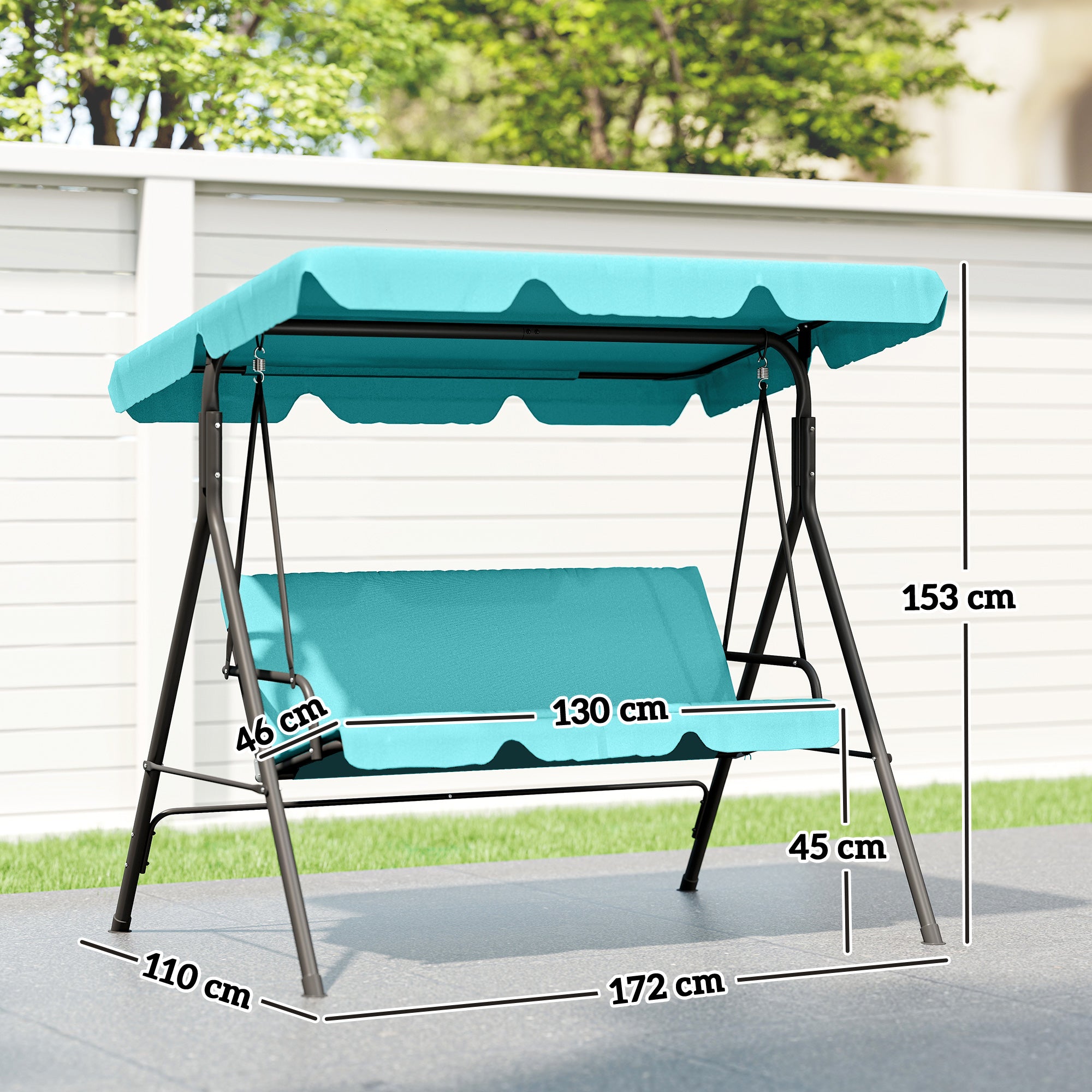 Outsunny Columpio de Jardín Exterior de 3 Plazas, Balancín de Jardín Exterior con Techo Ajustable y Marco de Acero, para Balcón, Terraza, Patio, Carga 240 kg, 172x110x153 cm, Verde Azulado