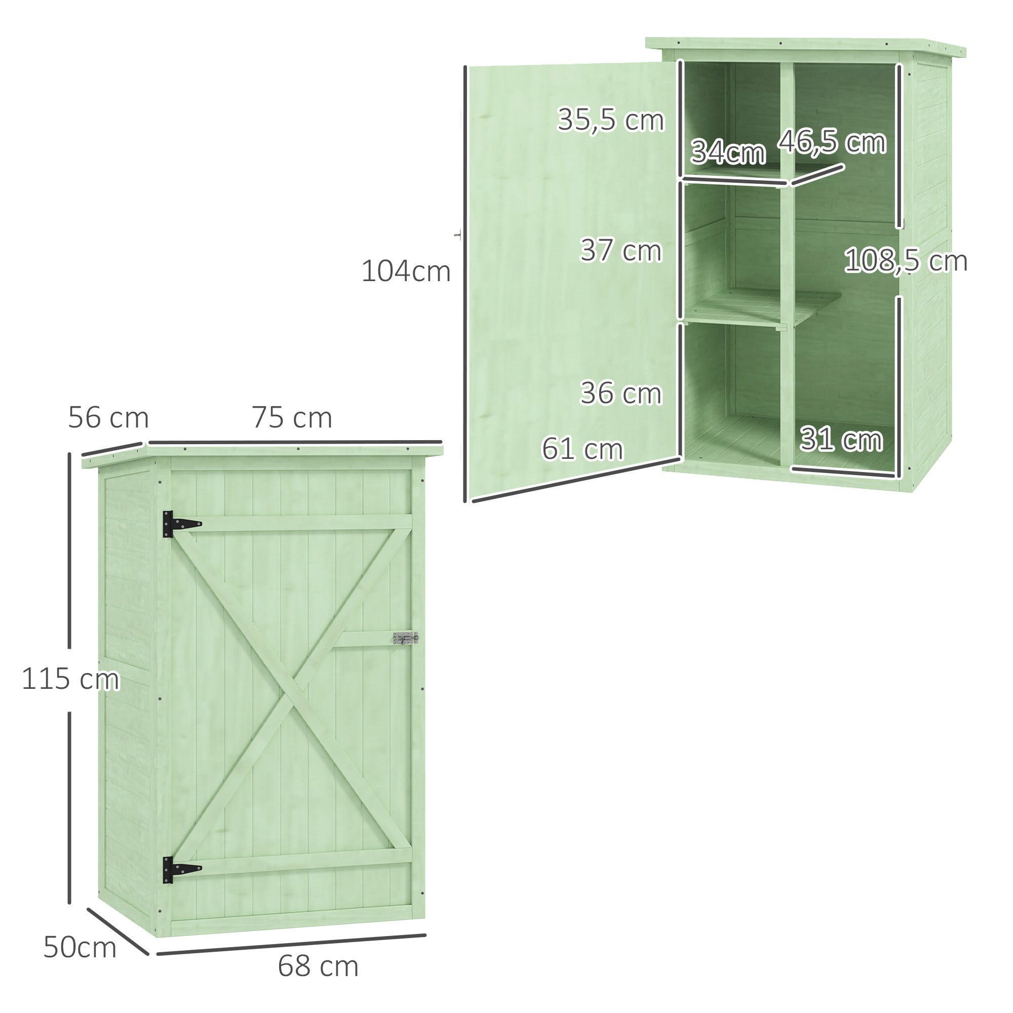 Outsunny Caseta de Jardín de Madera 75x56x115 cm Armario Cobertizo de Exterior para Herramientas con 3 Estantes Interiores Puerta con Pestillo y Techo Asfáltico Verde