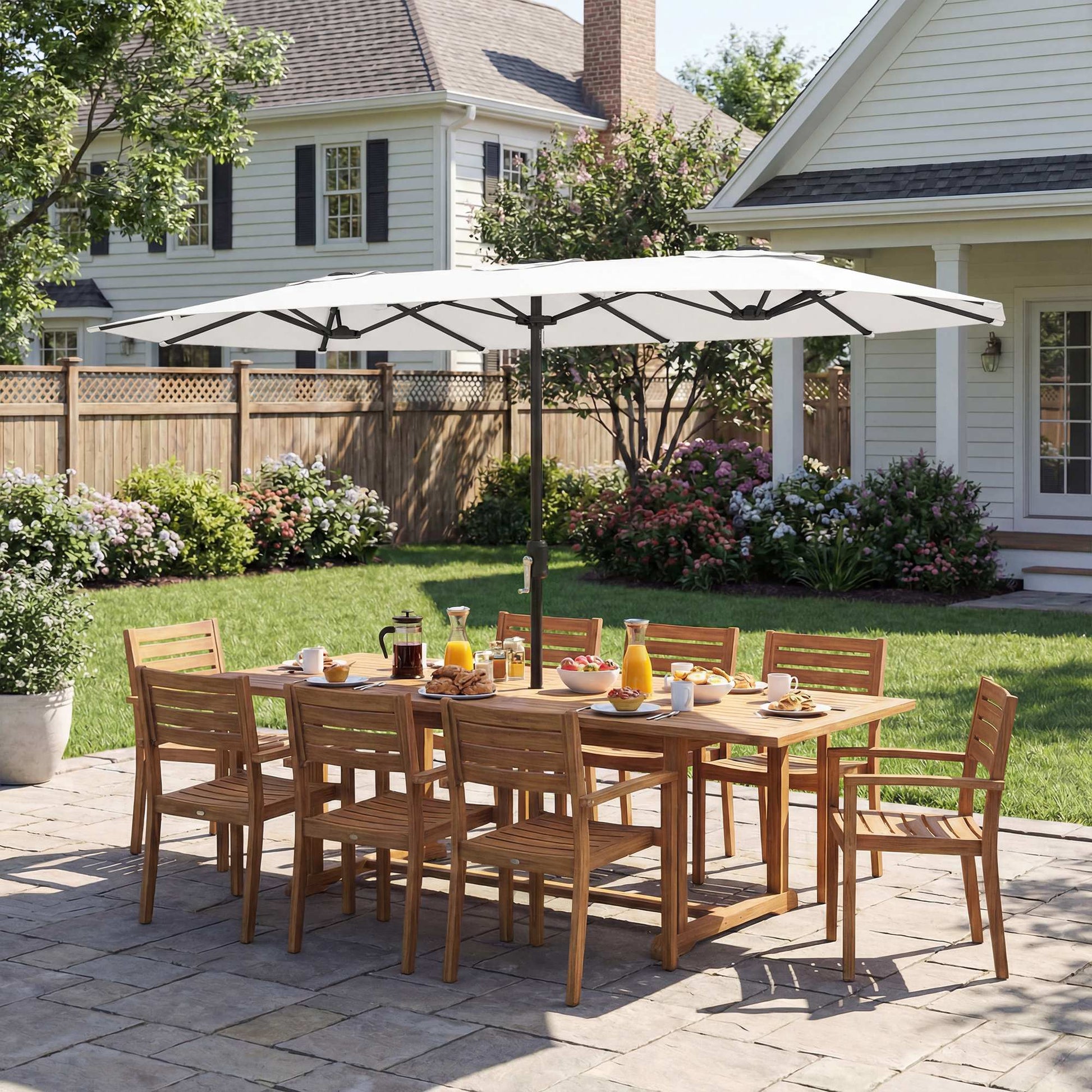 Outsunny Sombrilla Doble 4,6x2,6 m, Sombrilla Terraza Exterior con Manivela Manual, Protección UV50+, Funda Protectora, Resistente al Agua, Parasol para Jardín, Terraza, Patio, Blanco