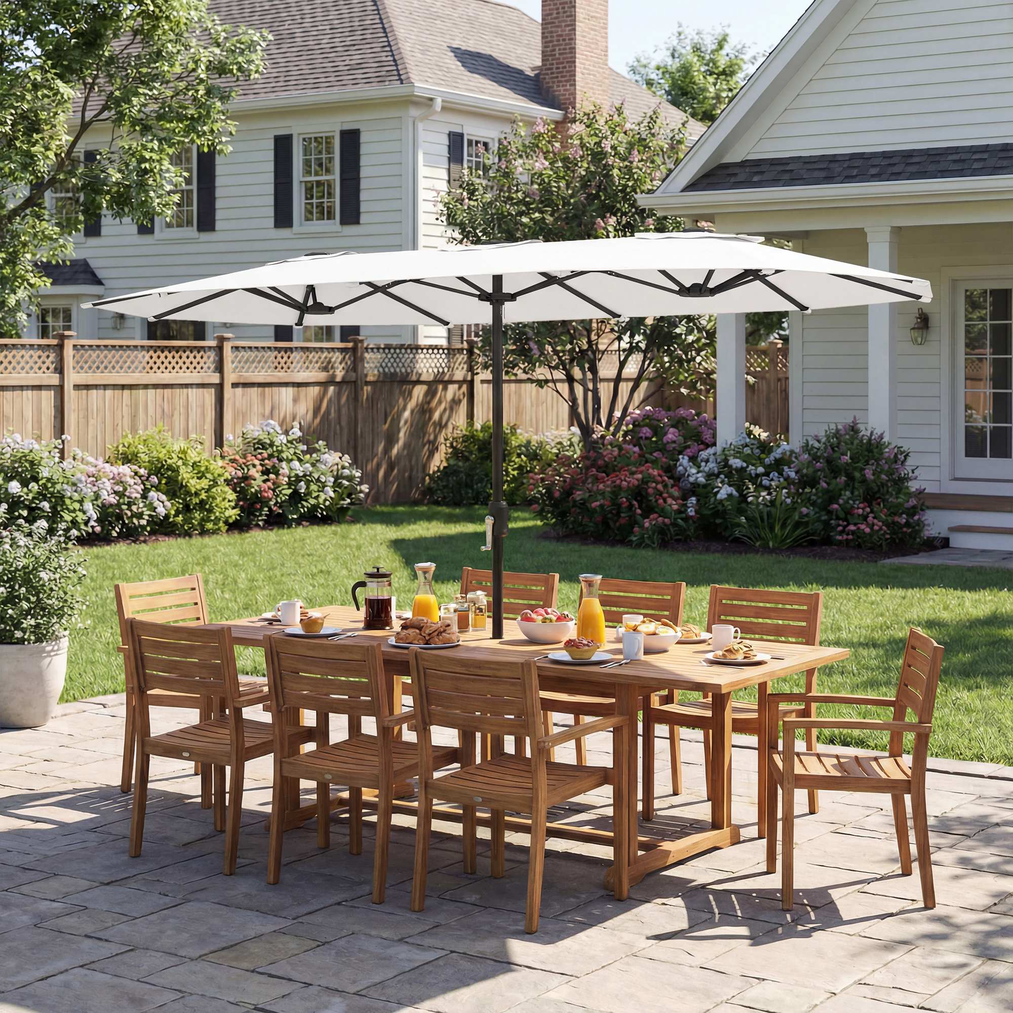 Outsunny Sombrilla Doble 4,6x2,6 m, Sombrilla Terraza Exterior con Manivela Manual, Protección UV50+, Funda Protectora, Resistente al Agua, Parasol para Jardín, Terraza, Patio, Blanco