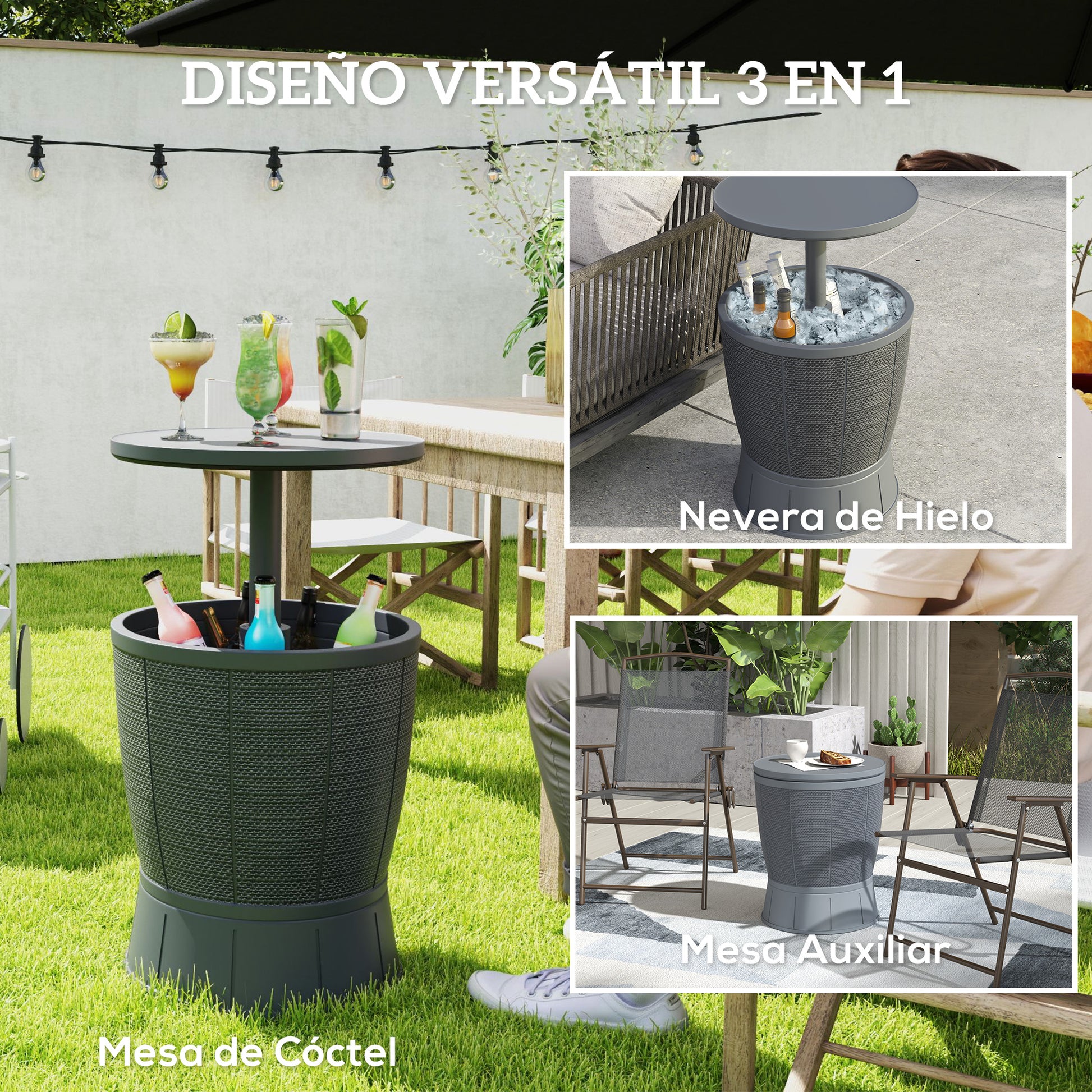 Outsunny Mesa Nevera para Exterior 41 L 3 en 1 Cool Bar Mesa Auxiliar con Altura Ajustable 58-84 cm Cubo de Hielo Tapa Superior Elevable para Fiesta Piscina Jardín Patio Gris