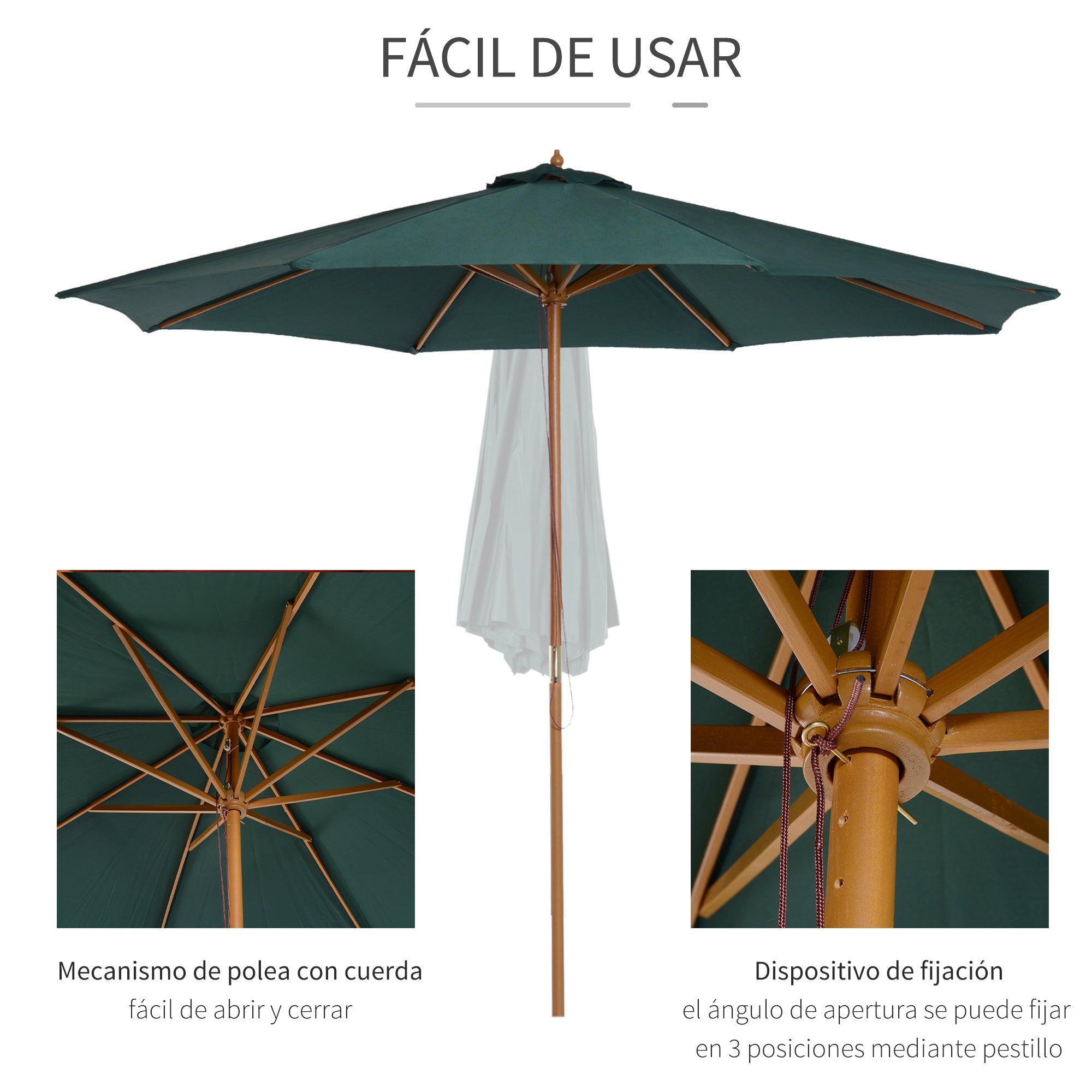 Outsunny Sombrilla Ø300x250 cm Parasol con Poste de Madera con Sistema de Poleas de 8 Varillas con Fijación para Jardín Patio Terraza Verde