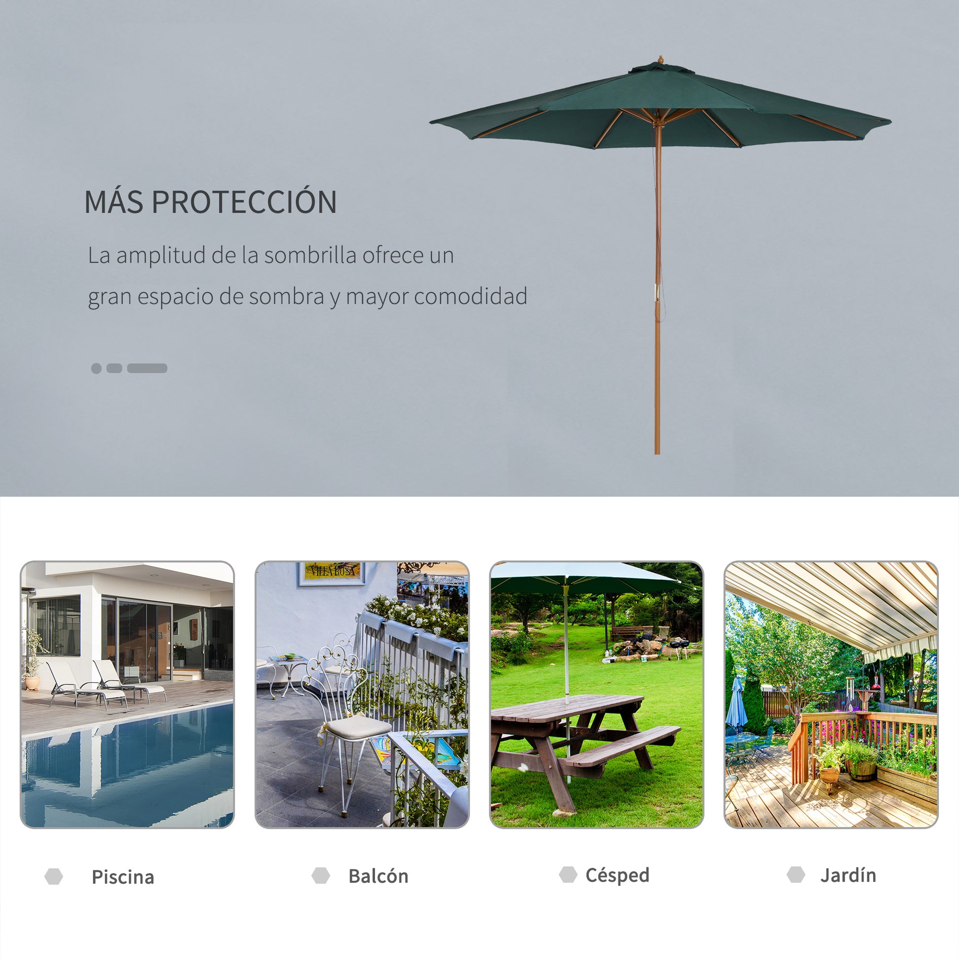 Outsunny Sombrilla Ø300x250 cm Parasol con Poste de Madera con Sistema de Poleas de 8 Varillas con Fijación para Jardín Patio Terraza Verde