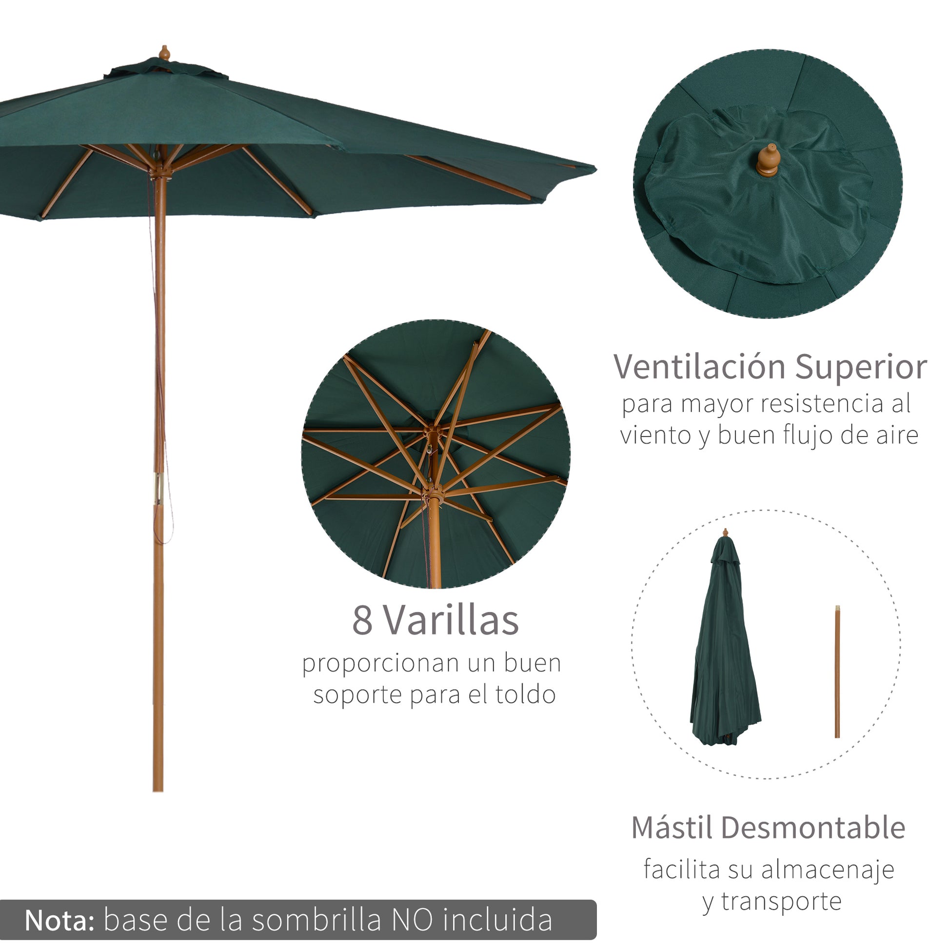 Outsunny Sombrilla Ø300x250 cm Parasol con Poste de Madera con Sistema de Poleas de 8 Varillas con Fijación para Jardín Patio Terraza Verde