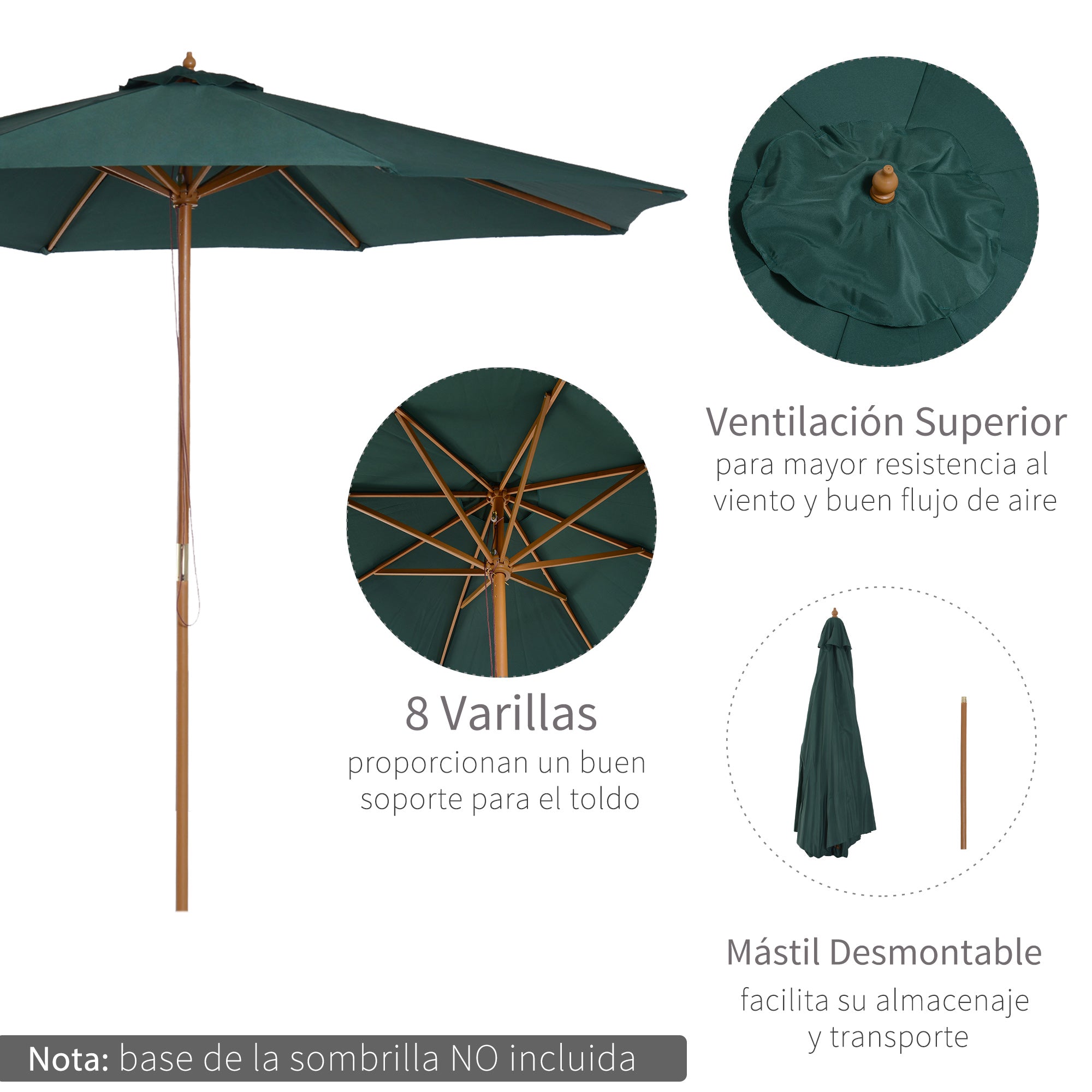Outsunny Sombrilla Ø300x250 cm Parasol con Poste de Madera con Sistema de Poleas de 8 Varillas con Fijación para Jardín Patio Terraza Verde