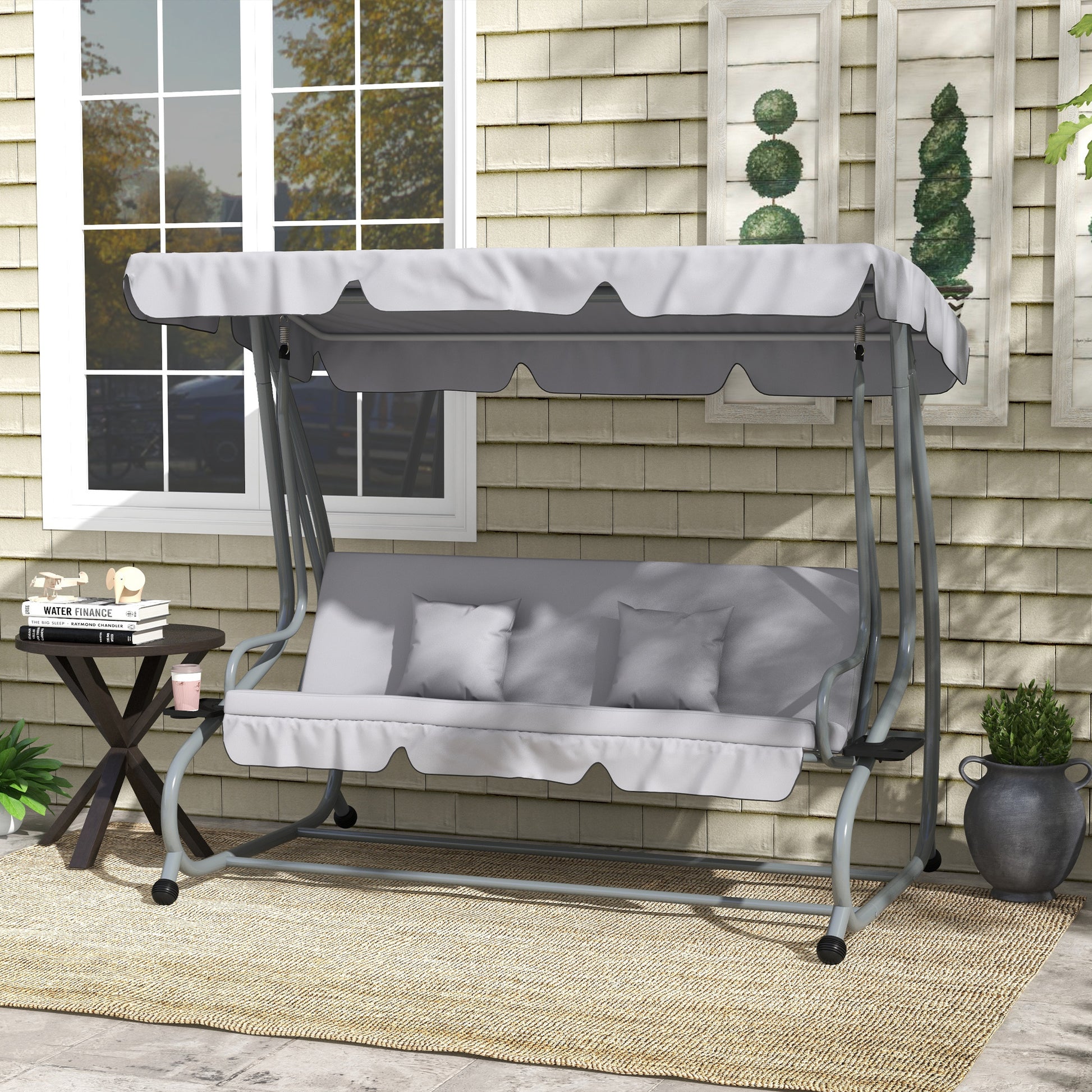 Outsunny Balancín de Jardín Exterior de 3 Plazas Columpio de Jardín Exterior Convertible en Cama con Toldo Ajustable Soportes Laterales y 2 Almohadas Carga 340 kg 200x120x164 cm Gris