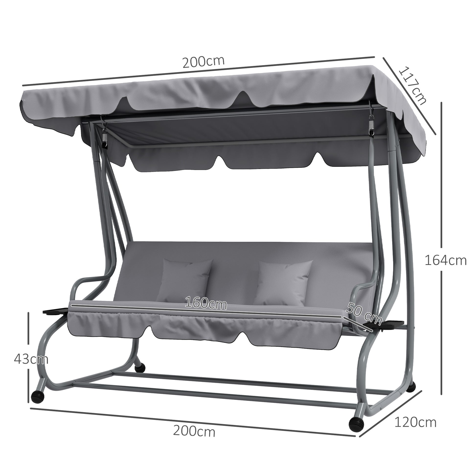Outsunny Balancín de Jardín Exterior de 3 Plazas Columpio de Jardín Exterior Convertible en Cama con Toldo Ajustable Soportes Laterales y 2 Almohadas Carga 340 kg 200x120x164 cm Gris