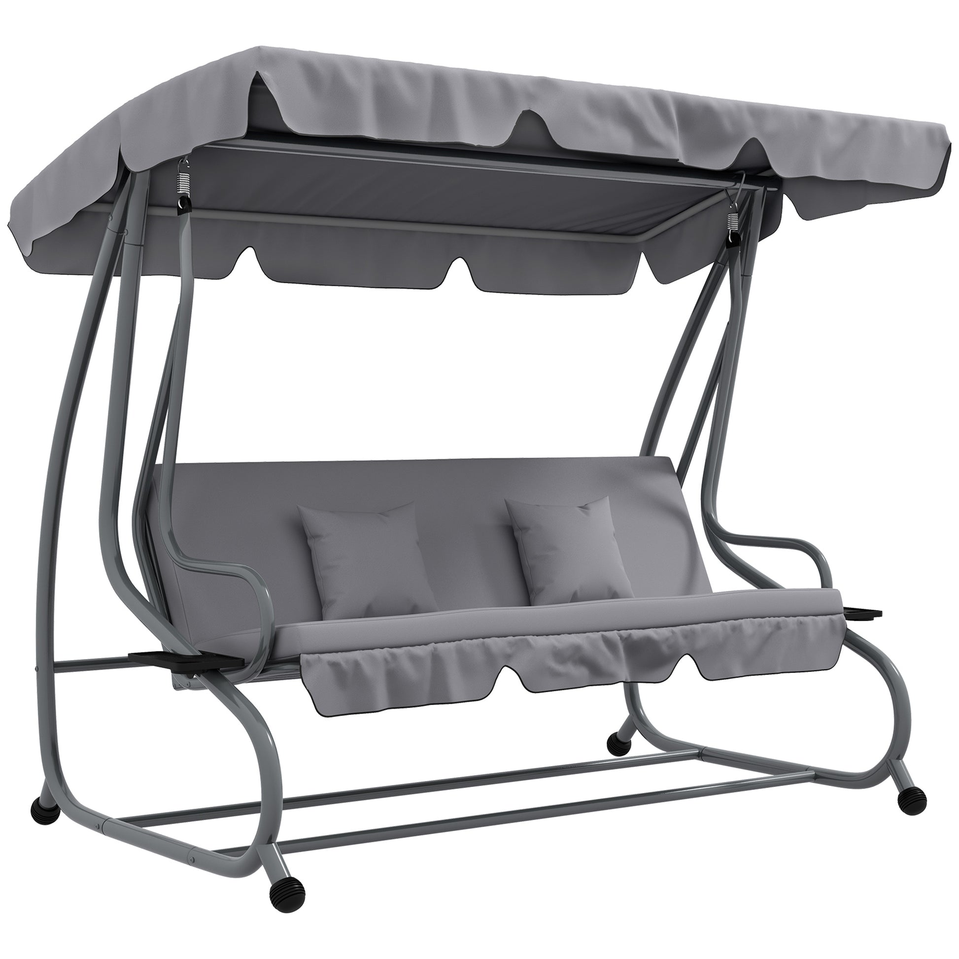 Outsunny Balancín de Jardín Exterior de 3 Plazas Columpio de Jardín Exterior Convertible en Cama con Toldo Ajustable Soportes Laterales y 2 Almohadas Carga 340 kg 200x120x164 cm Gris