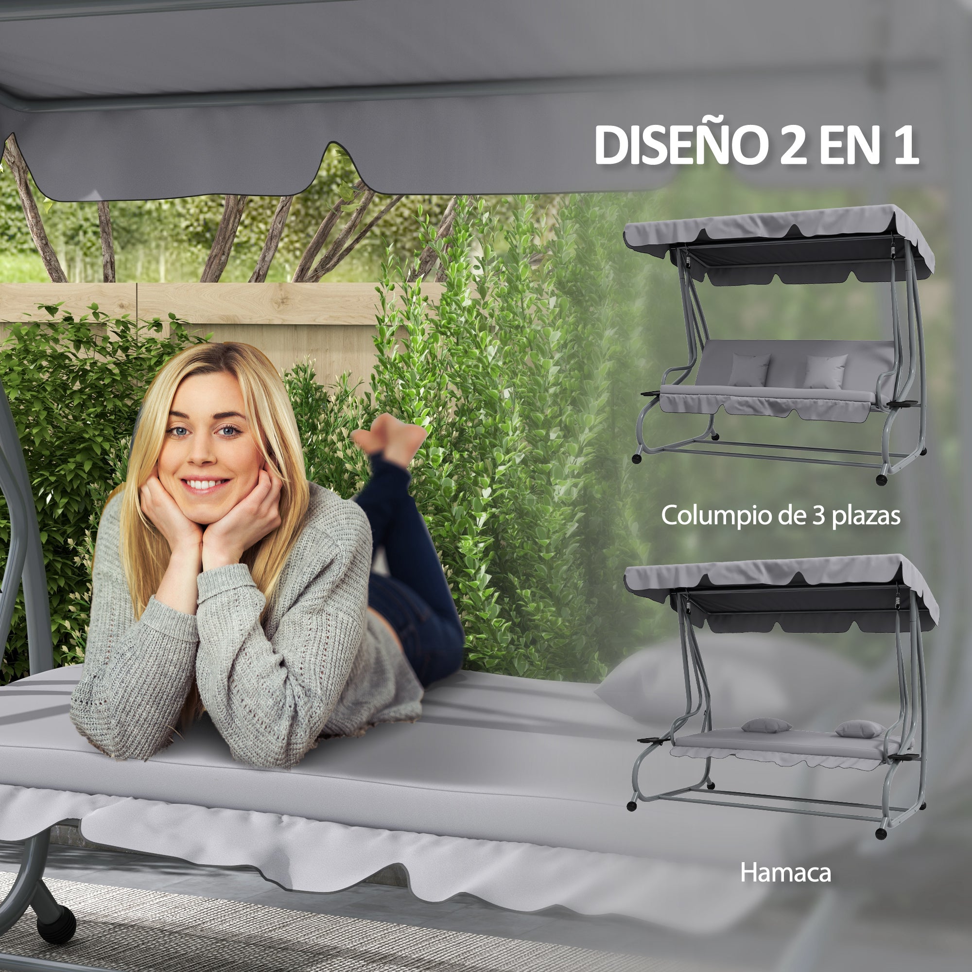 Outsunny Balancín de Jardín Exterior de 3 Plazas Columpio de Jardín Exterior Convertible en Cama con Toldo Ajustable Soportes Laterales y 2 Almohadas Carga 340 kg 200x120x164 cm Gris