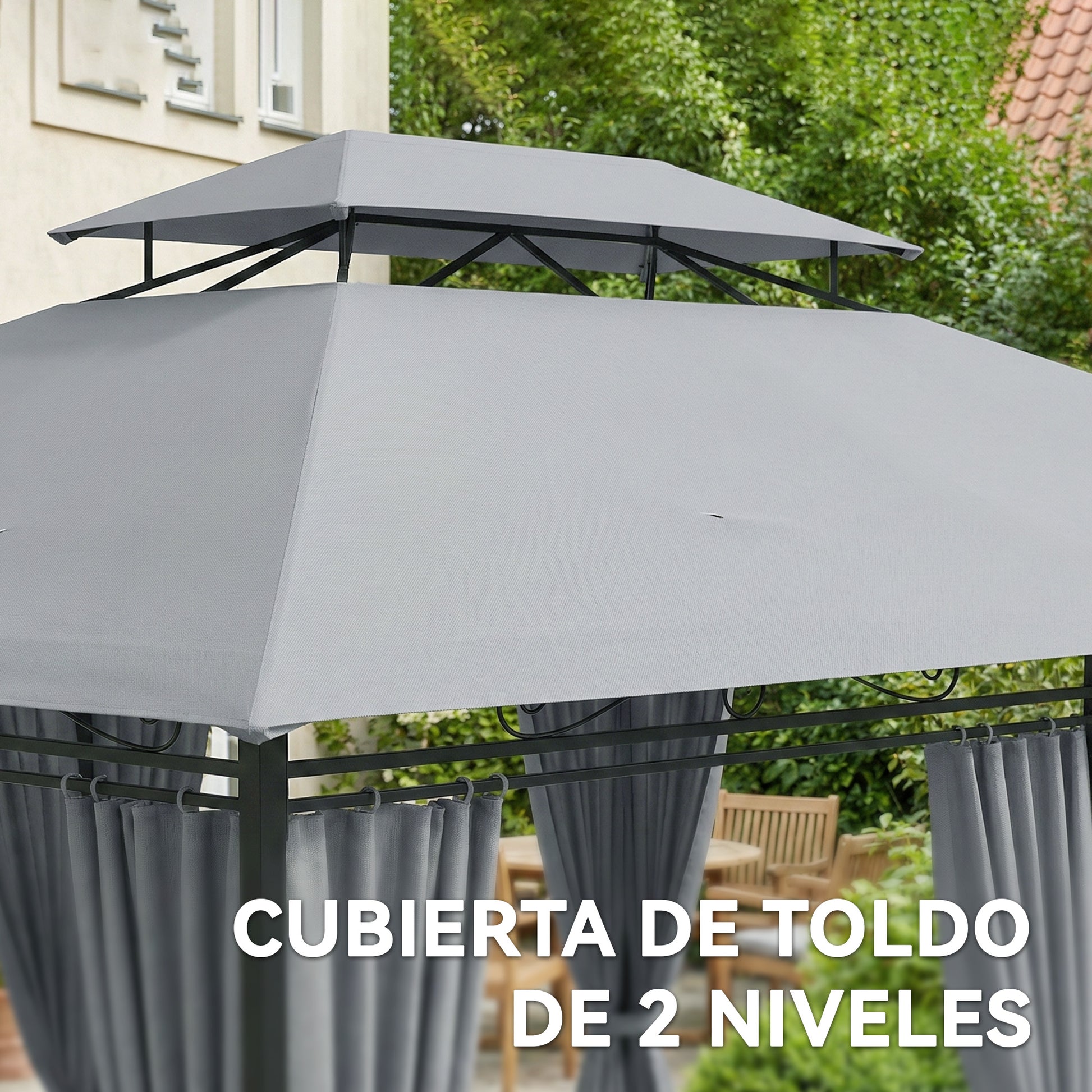 Outsunny Cenador para Jardín 3x4 m, Pabellón de Jardín, Gazebo con Doble Techo, 6 Paredes Laterales, Estructura Metálica, Drenaje, Carpa para Exterior, Terraza, Patio, Gris Oscuro