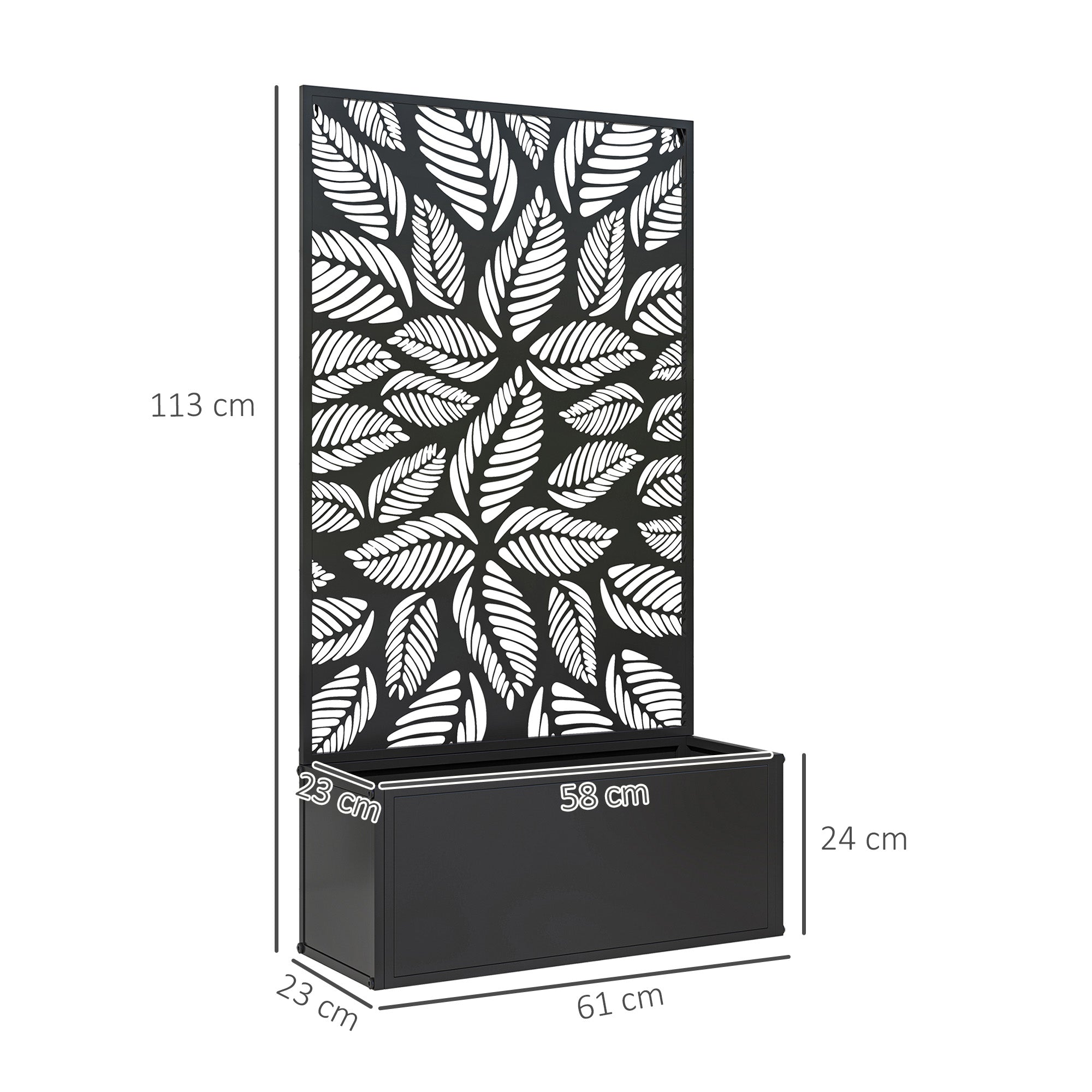 Outsunny Jardinera Exterior Grande de Metal Jardinera con Pantalla de Privacidad de Hojas Decorativas Jardinera de Pared o Independiente para Patio Terraza 61x23x113 cm Negro