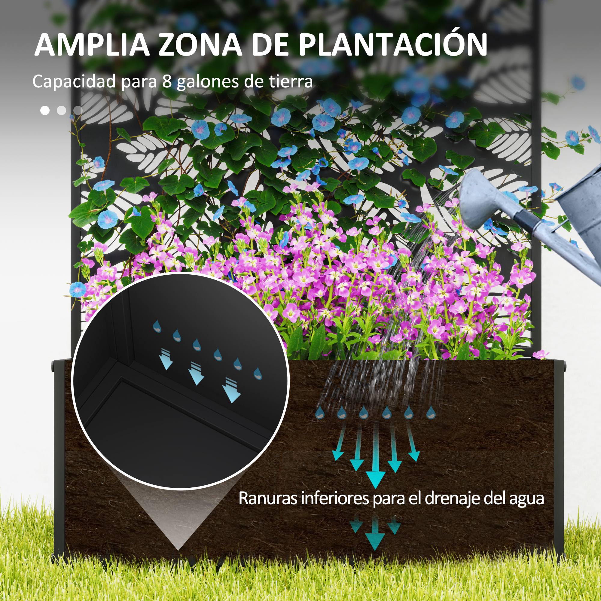 Outsunny Jardinera Exterior Grande de Metal Jardinera con Pantalla de Privacidad de Hojas Decorativas Jardinera de Pared o Independiente para Patio Terraza 61x23x113 cm Negro