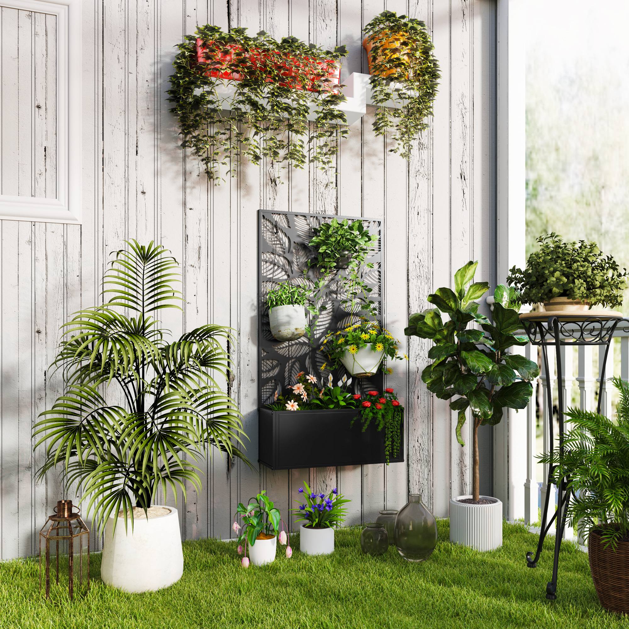 Outsunny Jardinera Exterior Grande de Metal Jardinera con Pantalla de Privacidad de Hojas Decorativas Jardinera de Pared o Independiente para Patio Terraza 61x23x113 cm Negro