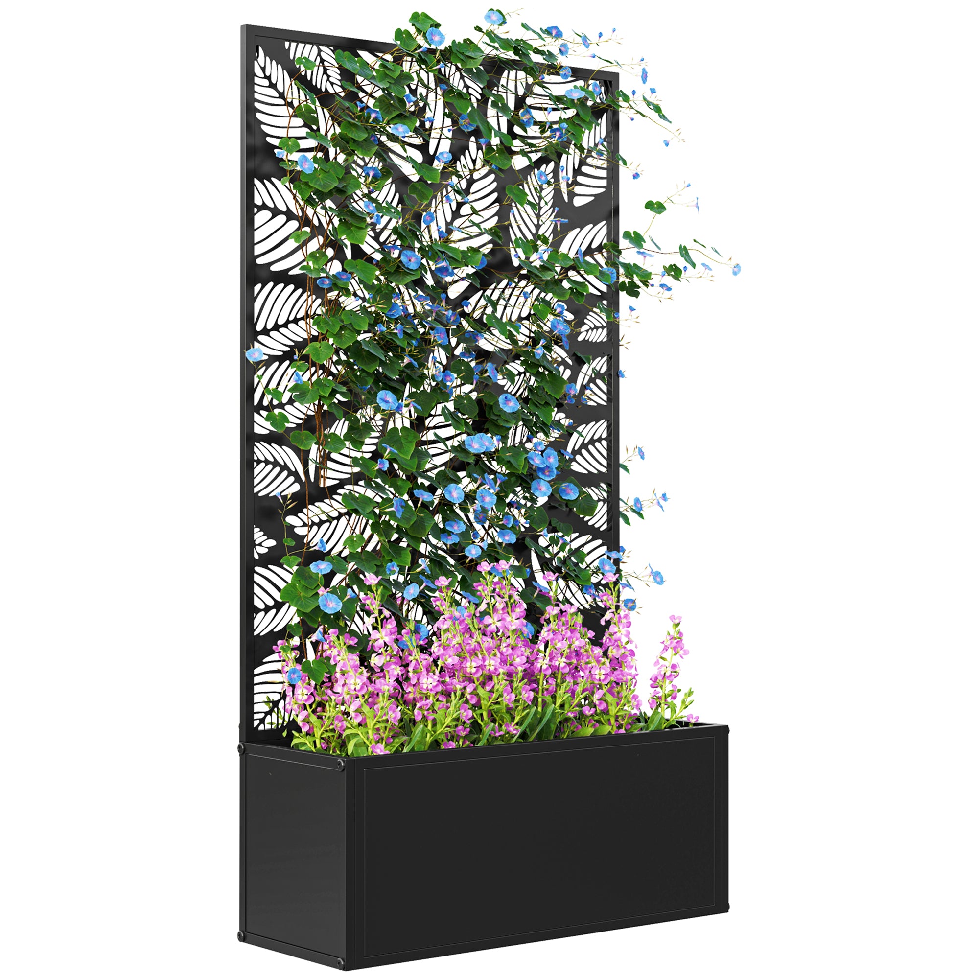 Outsunny Jardinera Exterior Grande de Metal Jardinera con Pantalla de Privacidad de Hojas Decorativas Jardinera de Pared o Independiente para Patio Terraza 61x23x113 cm Negro