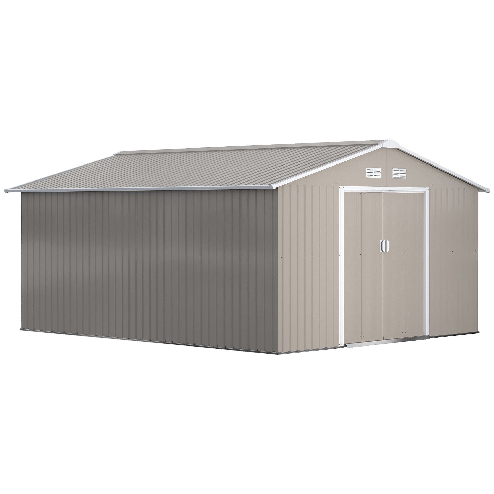 Outsunny Caseta de Jardín Exterior 12,4 m² 340x386x200 cm Cobertizo de Jardín Exterior con Puerta Corredera Techo Inclinado Base Refuerzo (Suelo NO Incluido) y 4 Ventanas Gris Claro
