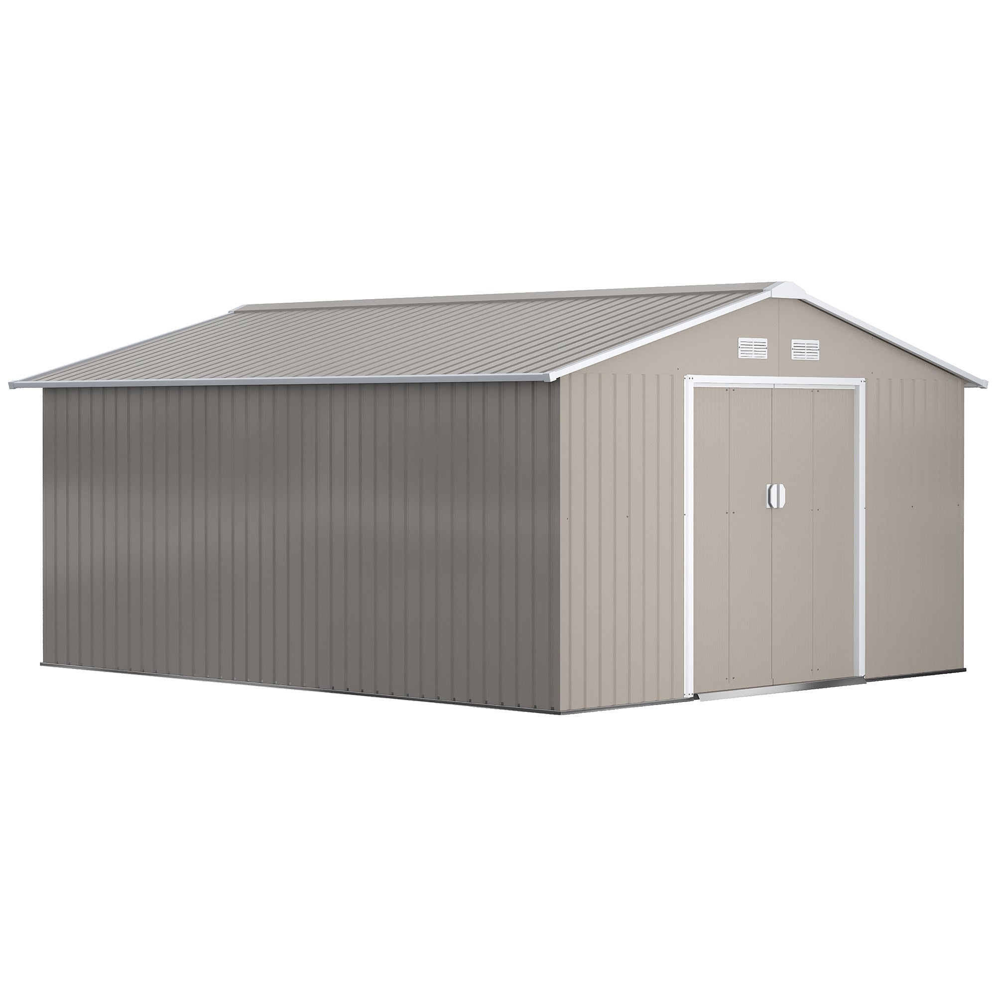 Outsunny Caseta de Jardín Exterior 12,4 m² 340x386x200 cm Cobertizo de Jardín Exterior con Puerta Corredera Techo Inclinado Base Refuerzo (Suelo NO Incluido) y 4 Ventanas Gris Claro
