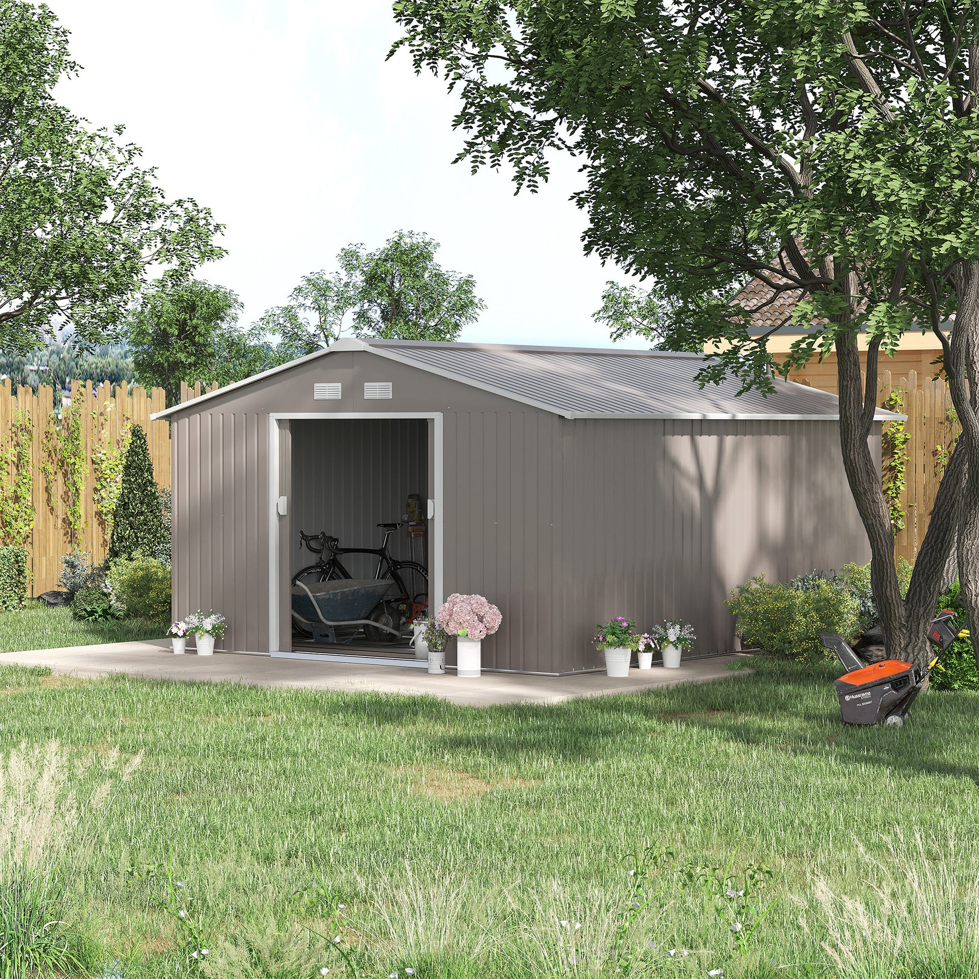 Outsunny Caseta de Jardín Exterior 12,4 m² 340x386x200 cm Cobertizo de Jardín Exterior con Puerta Corredera Techo Inclinado Base Refuerzo (Suelo NO Incluido) y 4 Ventanas Gris Claro