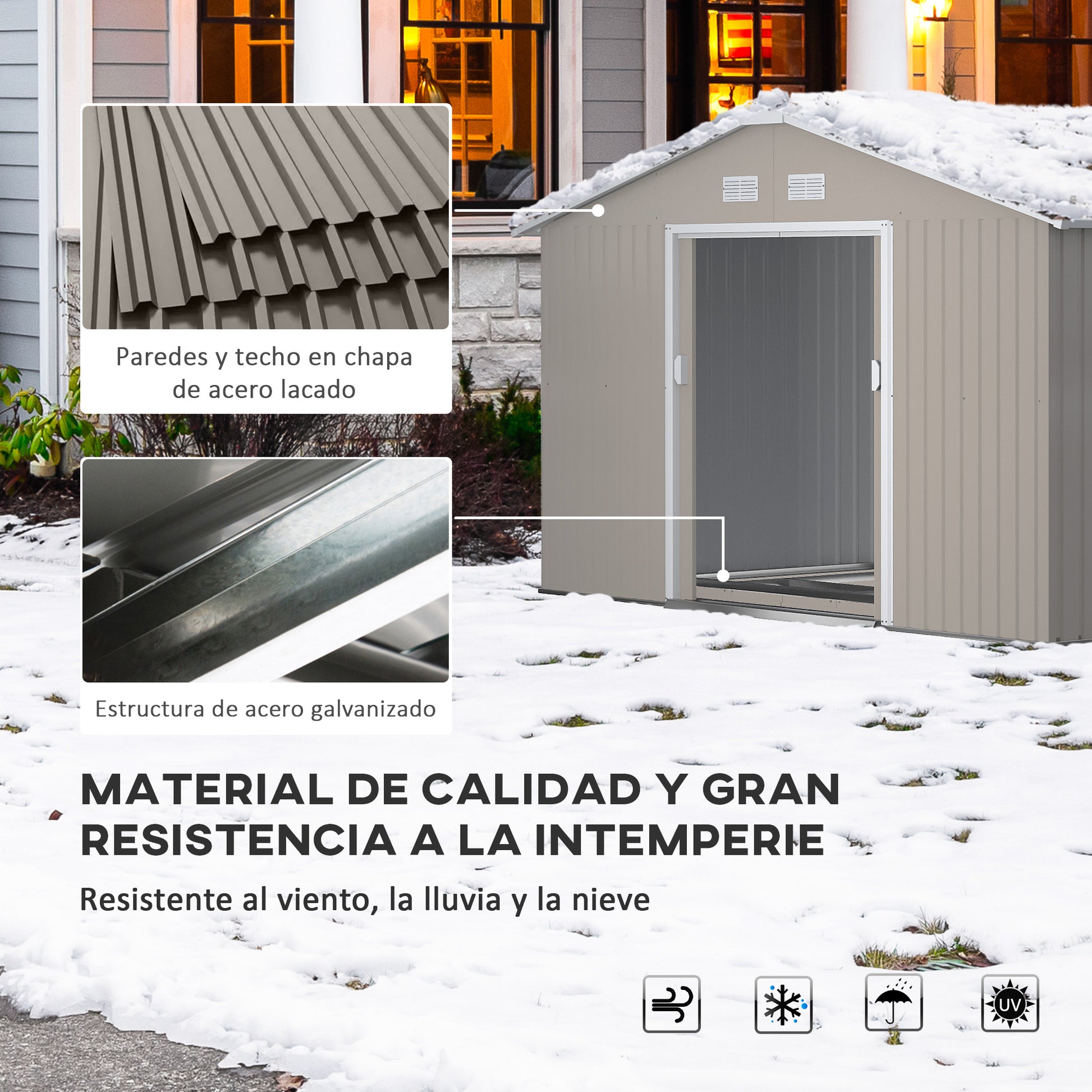 Outsunny Caseta de Jardín Exterior 12,4 m² 340x386x200 cm Cobertizo de Jardín Exterior con Puerta Corredera Techo Inclinado Base Refuerzo (Suelo NO Incluido) y 4 Ventanas Gris Claro