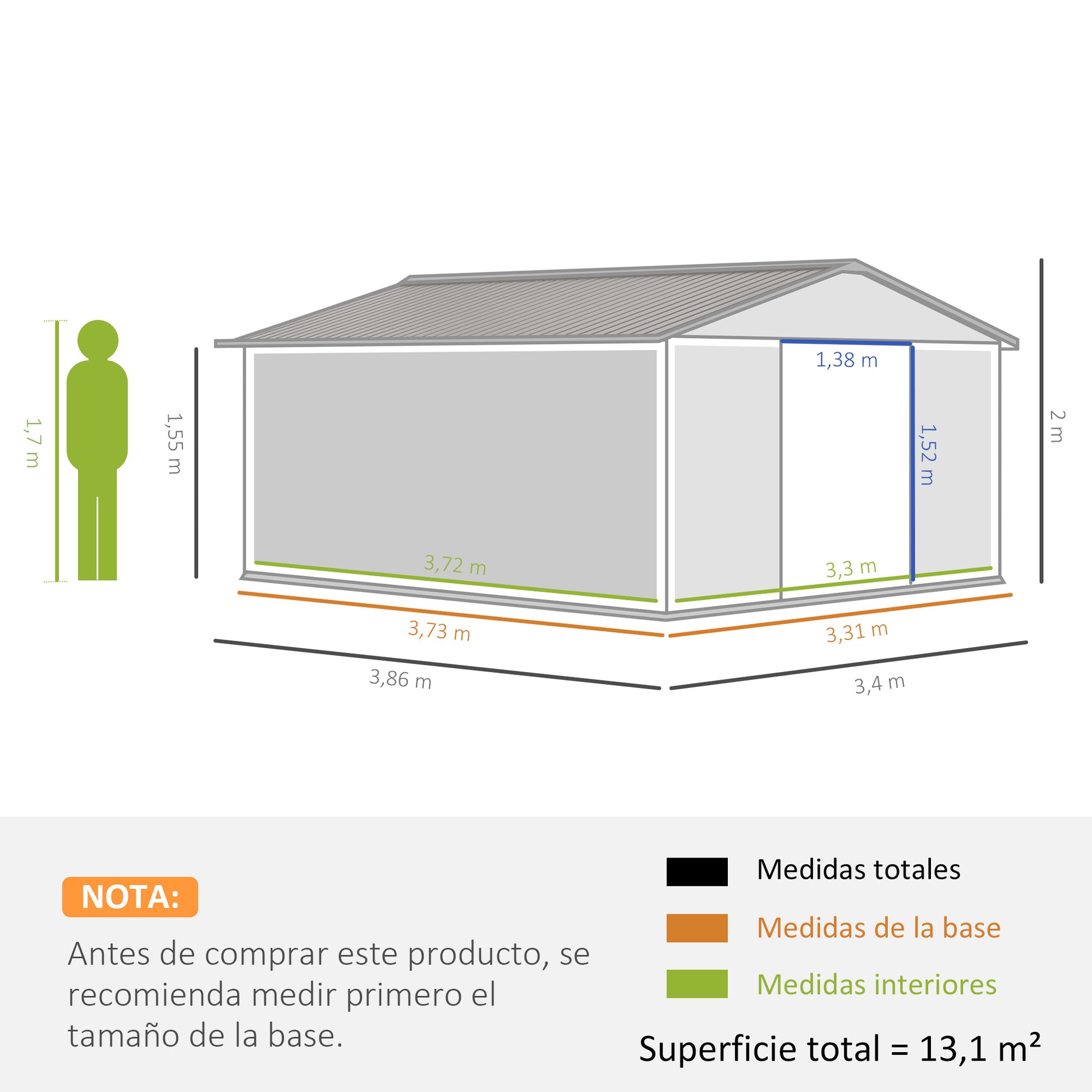 Outsunny Caseta de Jardín Exterior 12,4 m² 340x386x200 cm Cobertizo de Jardín Exterior con Puerta Corredera Techo Inclinado Base Refuerzo (Suelo NO Incluido) y 4 Ventanas Gris Claro