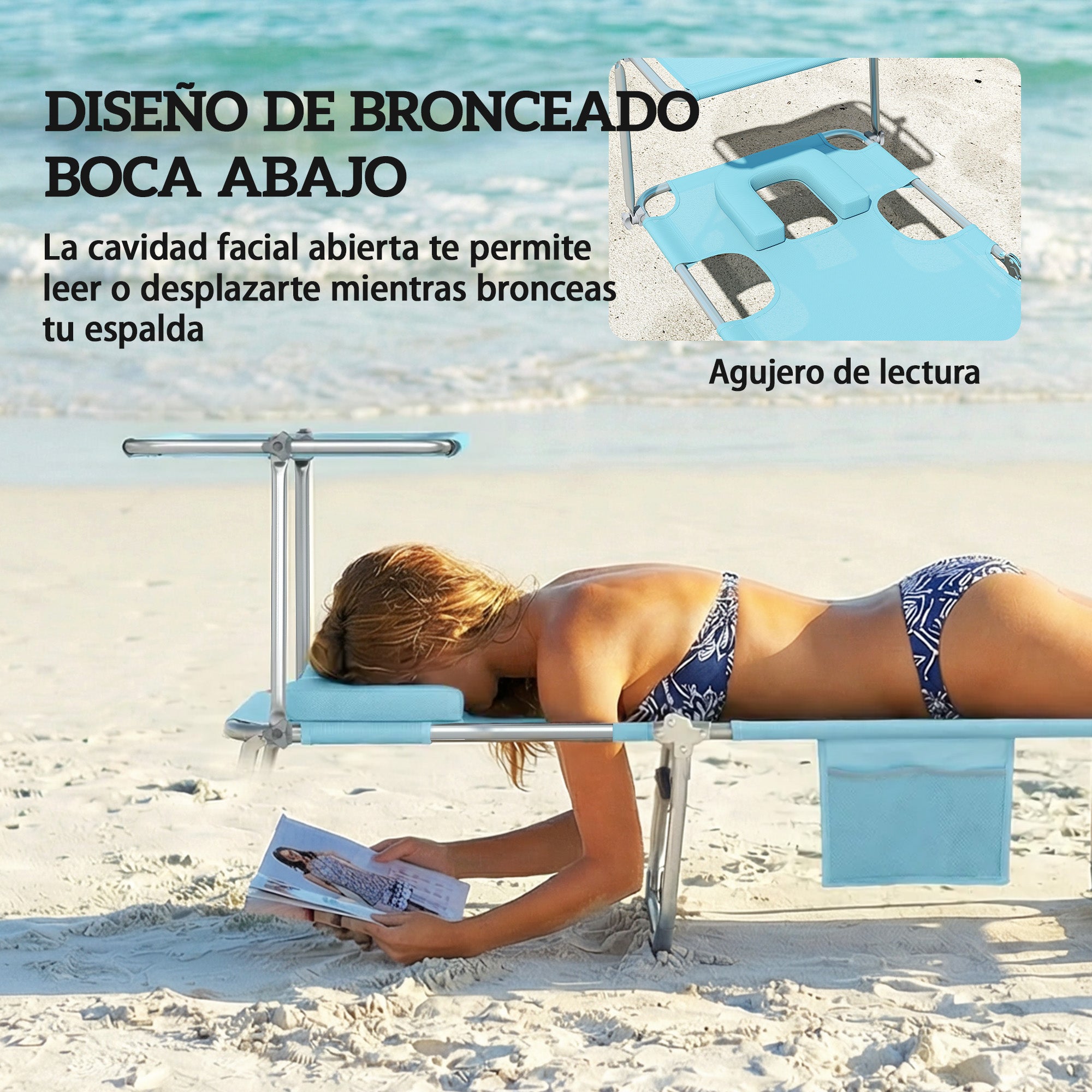 Outsunny Set de 2 Tumbonas Jardín Exterior, Tumbonas Plegables con Reposacabezas, Dosel 360°, Orificio Facial, Bolsillo Lateral, Respaldo Reclinable 5 Posiciones y Textilene 550 g/m² para Playa, Azul